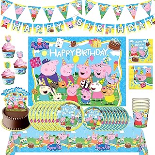 Treasures Gifted Officially Licensed Peppa Pig Birthday Party Supplies - Serves 16 Guests Ultimate Set Peppa Pig Party Supplies, Peppa Pig Decorations, Peppa Pig Backdrop, Peppa Pig Cake Topper & More