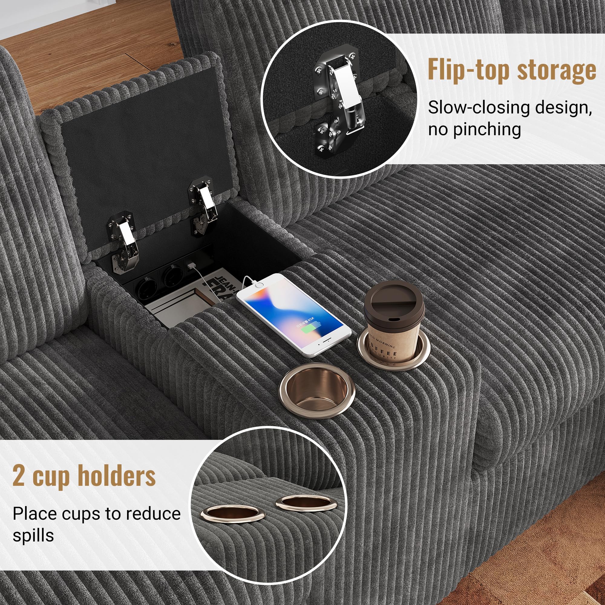 Sofá Convertible de 4 plazas en forma de U con USB C y 2 portavasos, sofá esquinero convertible de pana con 2 reposapiés de almacenamiento y 2 cojines, sofá modular en el salón Appt, gris