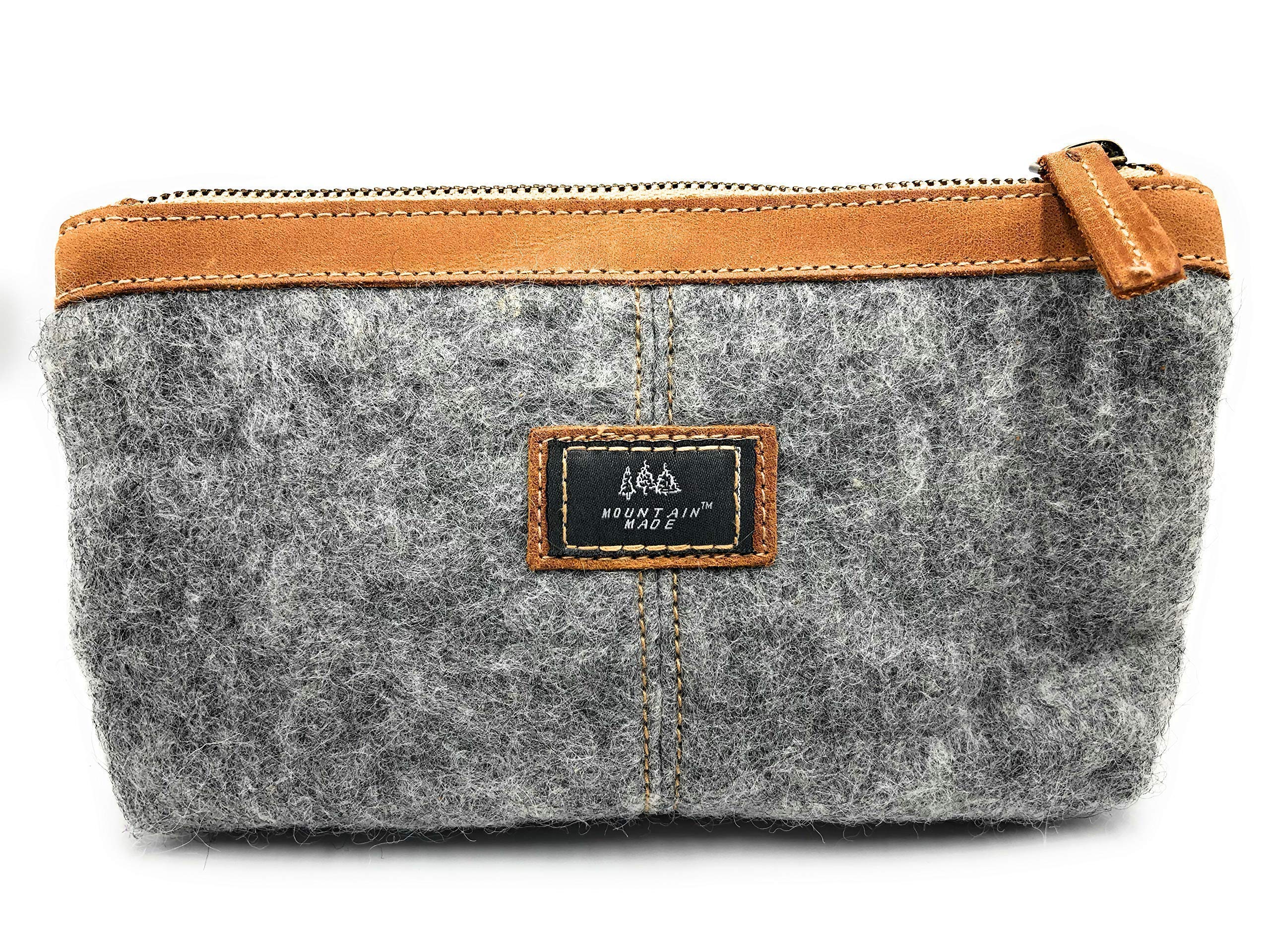 Mountain Made Wool and Pure Leather Luxury Travelers Small Cosmetic Bag, Toiletries, or Utility Bag For Students, Women and Men. Perfect size to fit