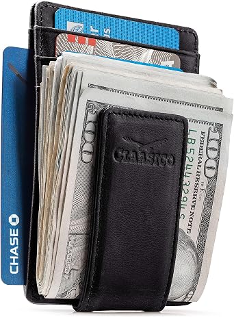 Mens Leather Money Clip Wallet Slim Front Pocket Wallet w/Super Strong Magnetic Clip, RFID Blocking, 5 Card Slots & Center Pocket + ID Window