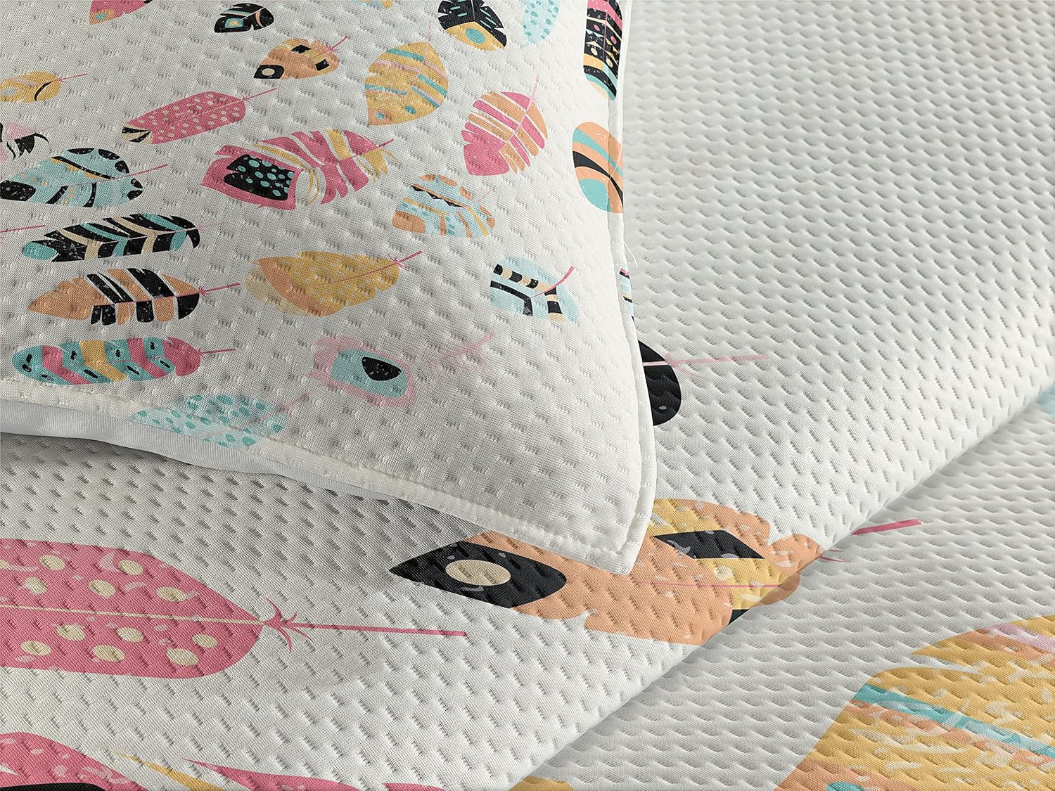 Ambesonne Feather Coverlet, Go with The Flow Inspirational Words with Colorful Bohemian Quills Aztec Elements, 3 Piece Decorative Quilted Bedspread Set with 2 Pillow Shams, Queen Size, Eggshell Black