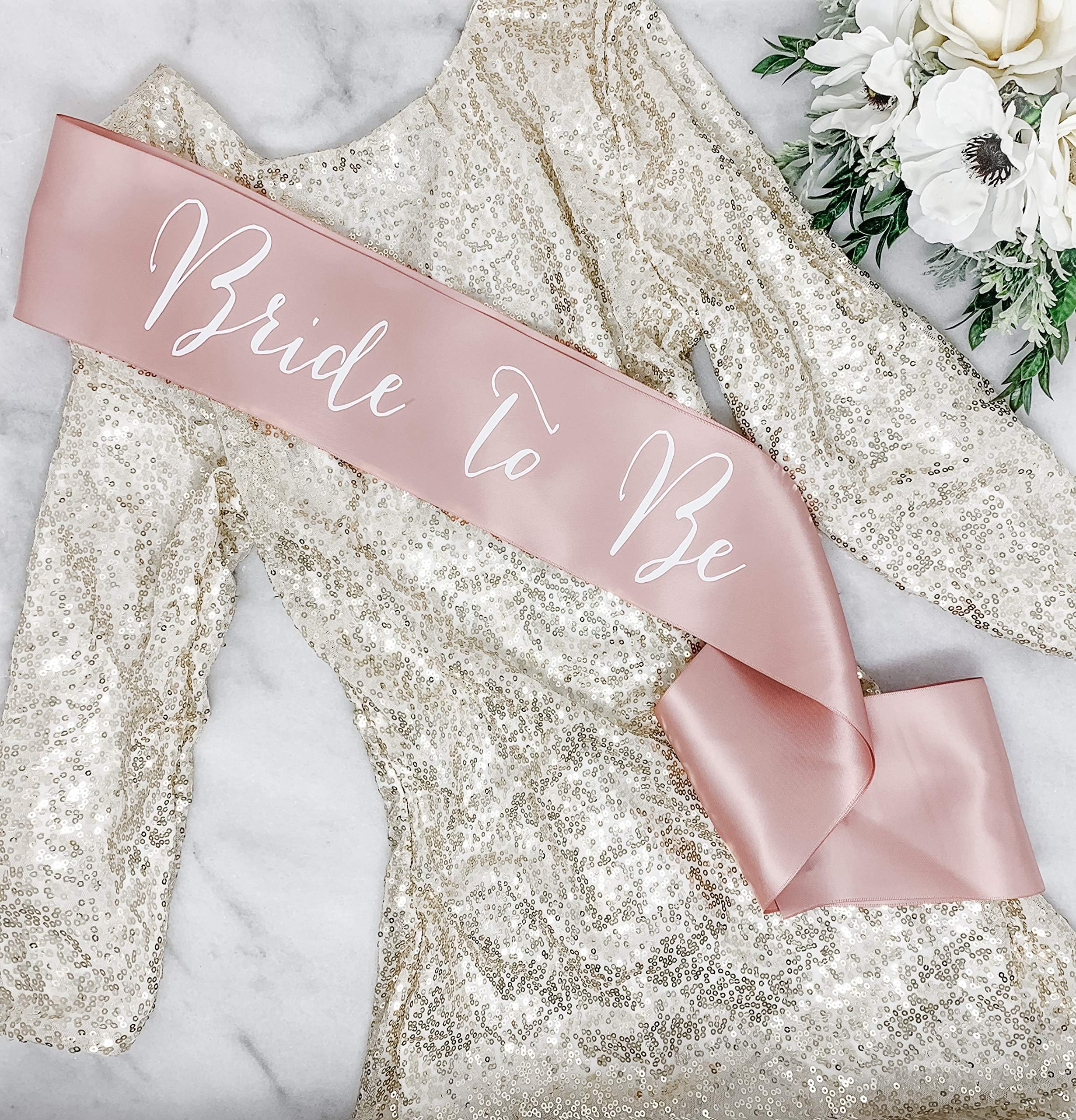 Bachelorette Sash - Rose Gold Satin - White"Bride To Be"