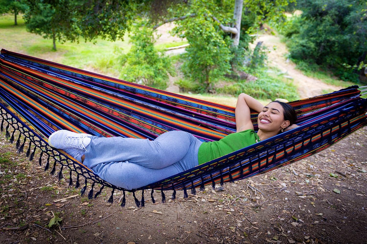 Boho Classic Hammock with Tassel, Handmade, Weather-Resistant, Hammock for Indoor & Outdoor, Lightweight Durable - for Patio, Porch, Backyard Lounging (Otavalo Rainbow)