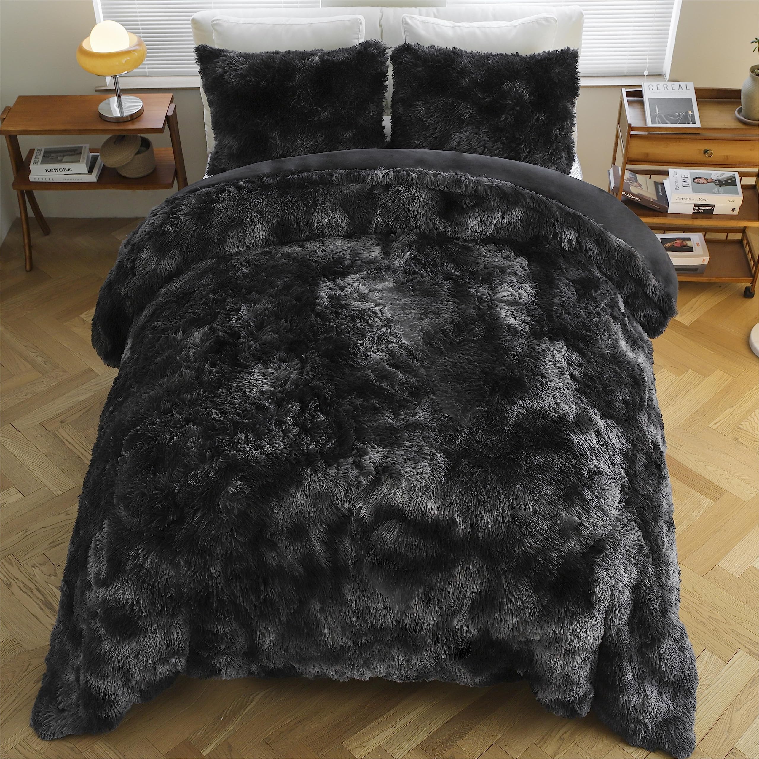 King Shaggy Furry Comforter Set Bed Bedding Set, Fluffy Faux Fur Plush Shaggy Comforter Bedding Set 3 Pieces (1 Furry Comforter + 2 Pillow Shams 20"*36" Tie-Die Dark Gray)
