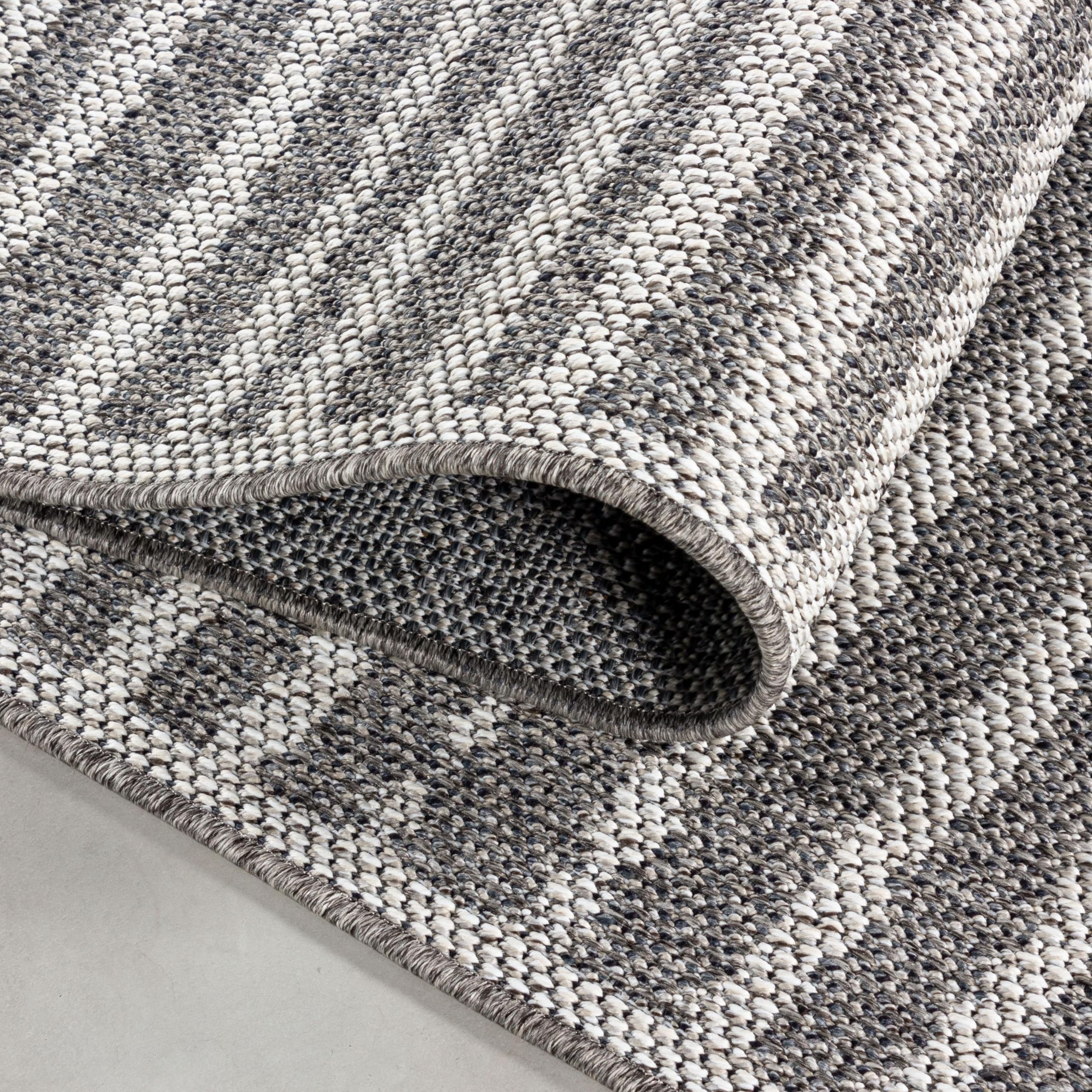 HomebyHome In- & Outdoor Teppich 140x200 cm, Wetterfest & Robust, Flachgewebe mit Modernem Boho-Design in Grau & Creme, Rechteckig für Terrasse, Balkon, Küche, Bad & Wohnzimmer
