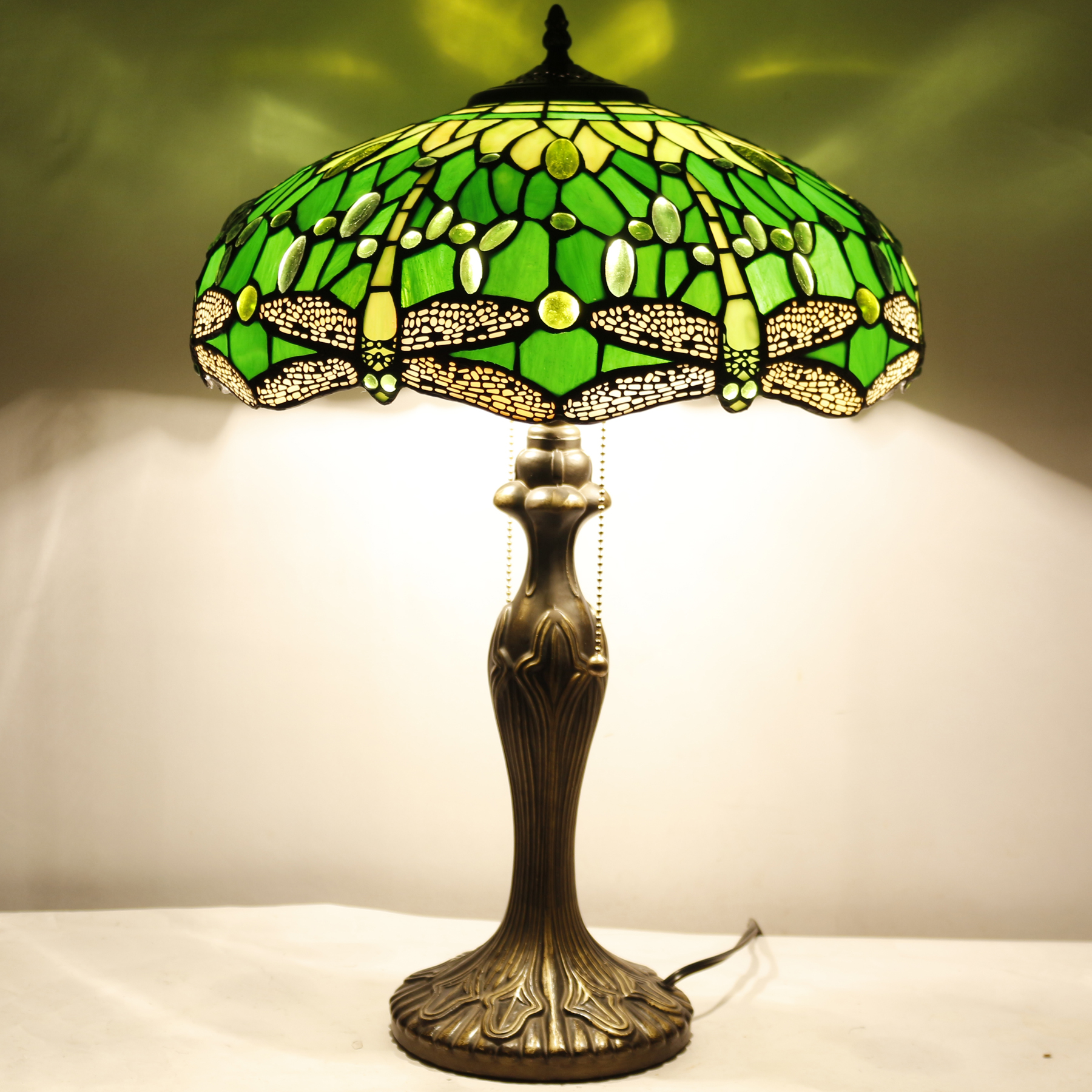 WERFACTORY Tiffany Style Table Lamp Green Stained Glass Dragonfly