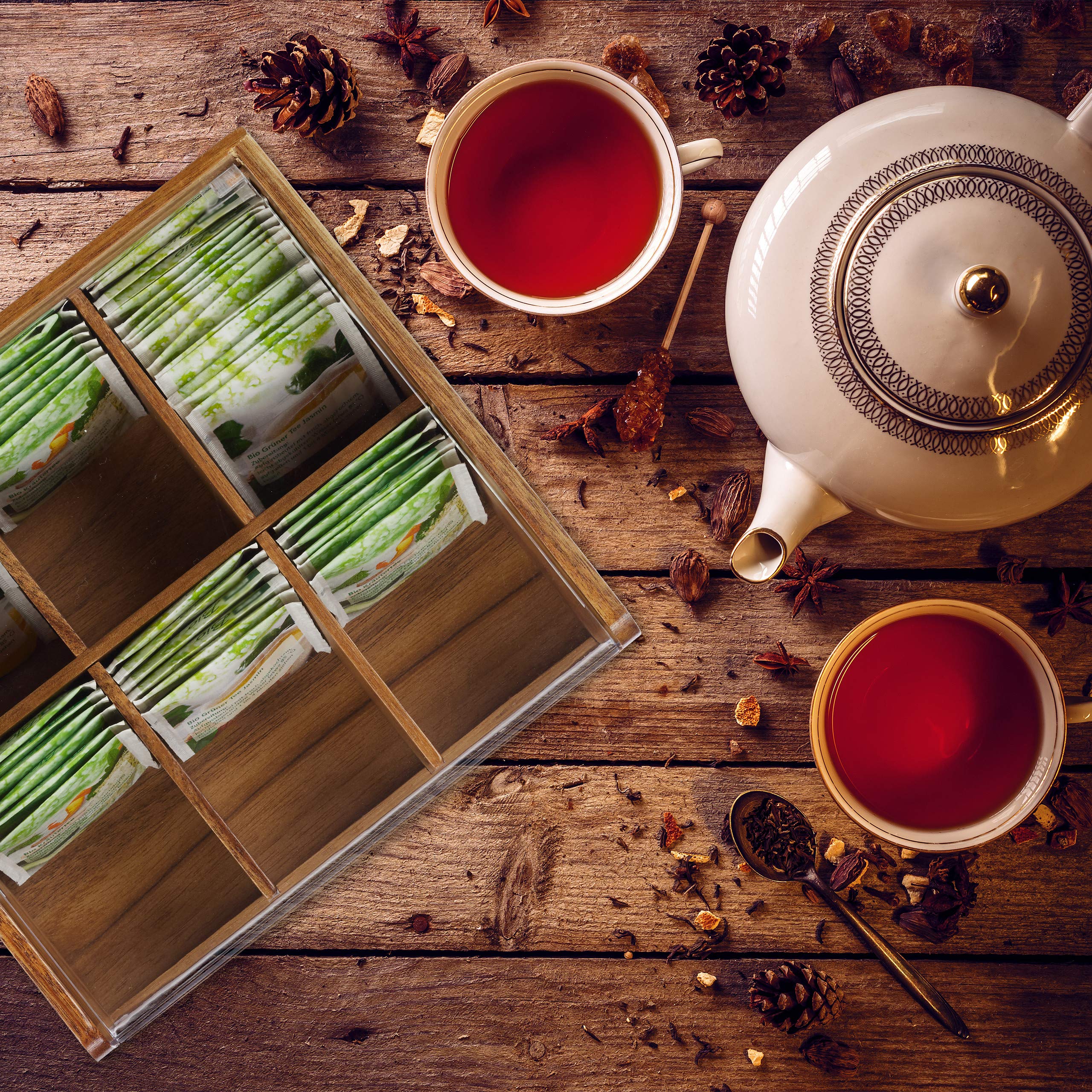 Relaxdays 10027602 Boîte Bois Acacia, Coffret 90 sachets thé, Couvercle, 6 Compartiments, HxlxP: 9,5 x 22 x 20,5 cm, Nature