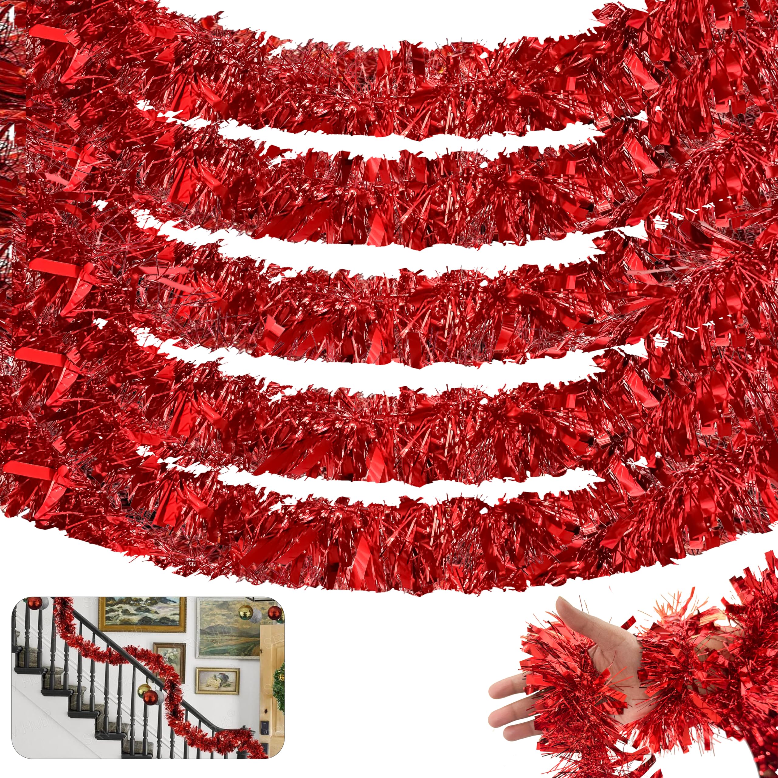 HOVUK® 5PCs Red Christmas Tinsel Garlands 10M - Chunky Fine Tinsel Hanging Christmas Tree, Red Christmas Garland for Stairs, Indoor and Outdoor Party Decoration
