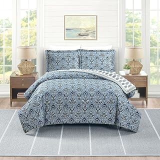 Hamilton Reversible Comforter and Pillow Sham Set, 3-Piece 300 Thread Count Cotton Damask Bedding Set - Full Queen Size, Blue
