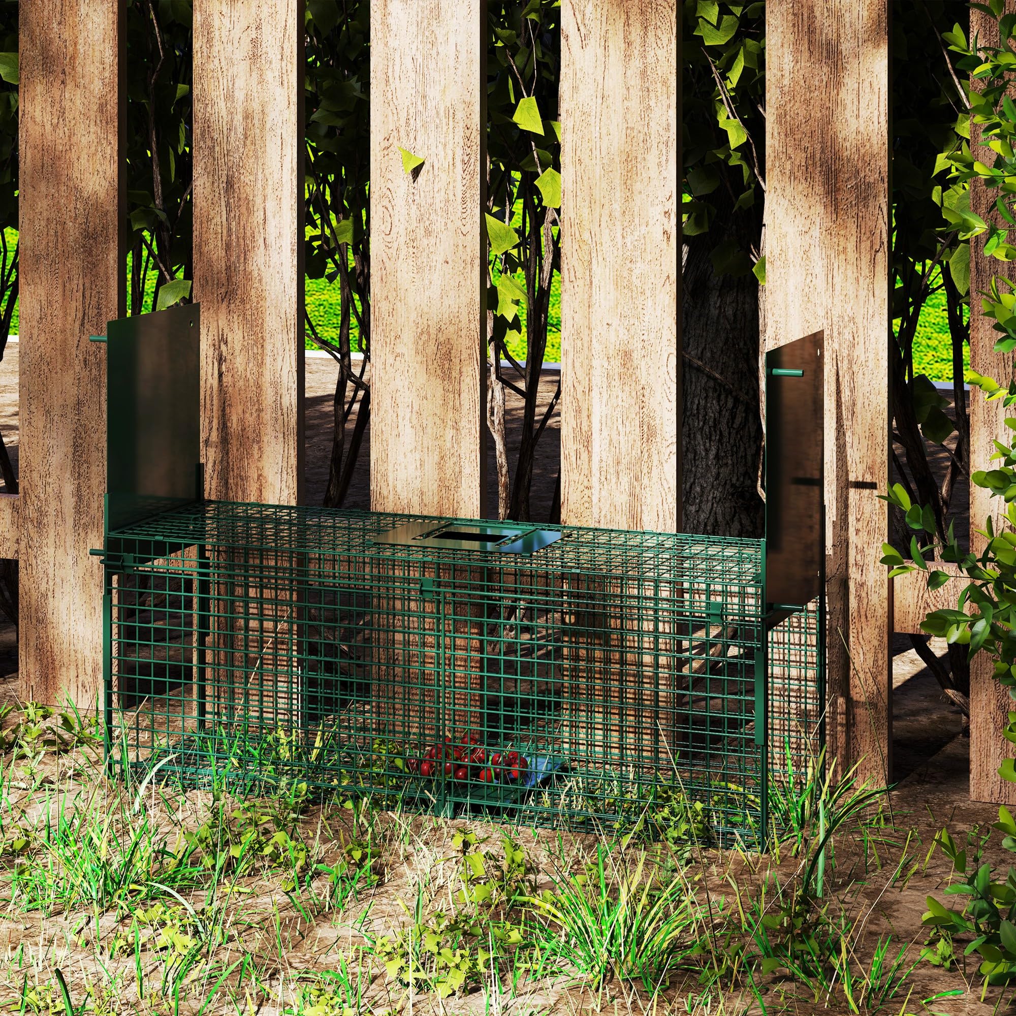 Outsunny Trampa para Animales Vivos con 2 Puertas Jaula de Captura Metálica con Asa para Conejos Visones Zorros Pequeños 80x25x30 cm Verde Oscuro
