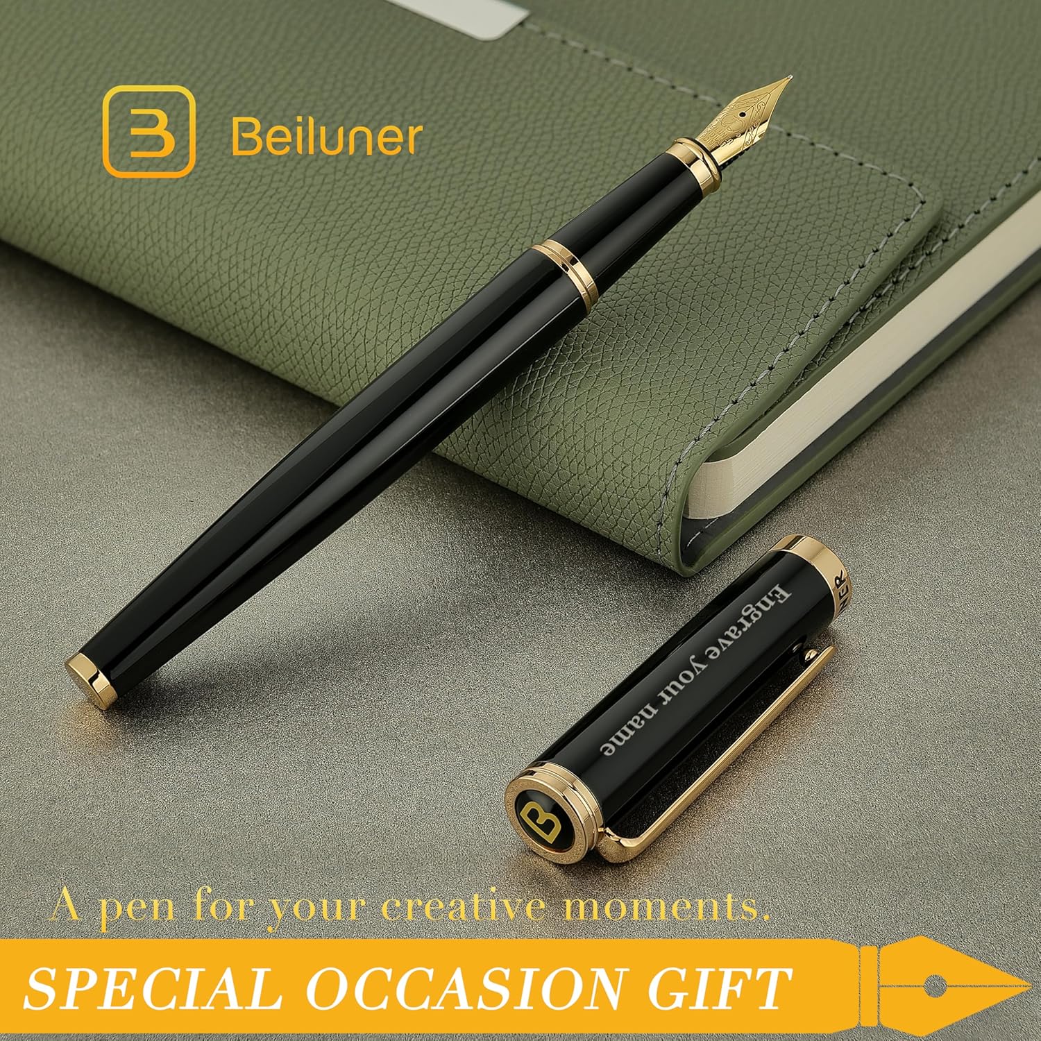BEILUNER Black Personalized Fountain Pen,Stunning Luxury Lacquer,24K Gilded Nib(Fine),Gorgeous 24K Gold Finish, Ink Converter,Fancy Office Gift for Men&Women-Elegant, Graduation,Nice Pens for Writing