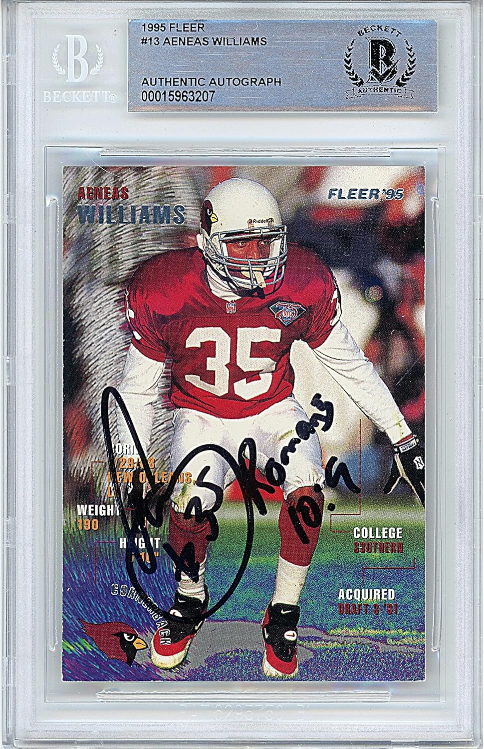 Aeneas Williams Autographed 1995 Fleer #13 Football Trading Card Slab Beckett BAS Authentic Slabbed COA Played For Arizona Cardinals NFL
