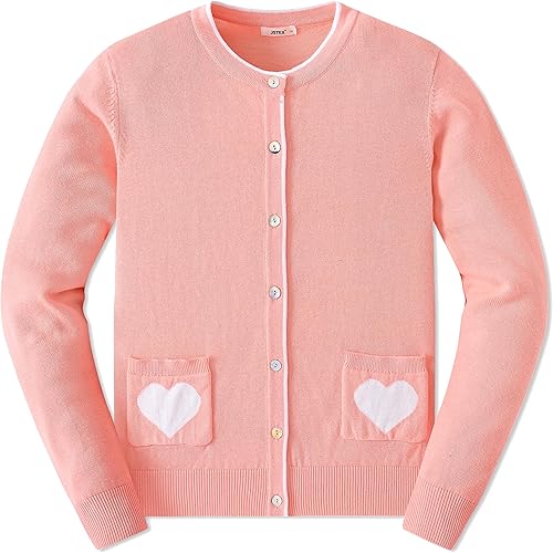 JSTEX Girls Cardigan with Heart Pockets 100% Cotton Knit Kids Cardigan Long Sleeve Crew Neck Button Sweaters Toddler Size 4-14 Pink