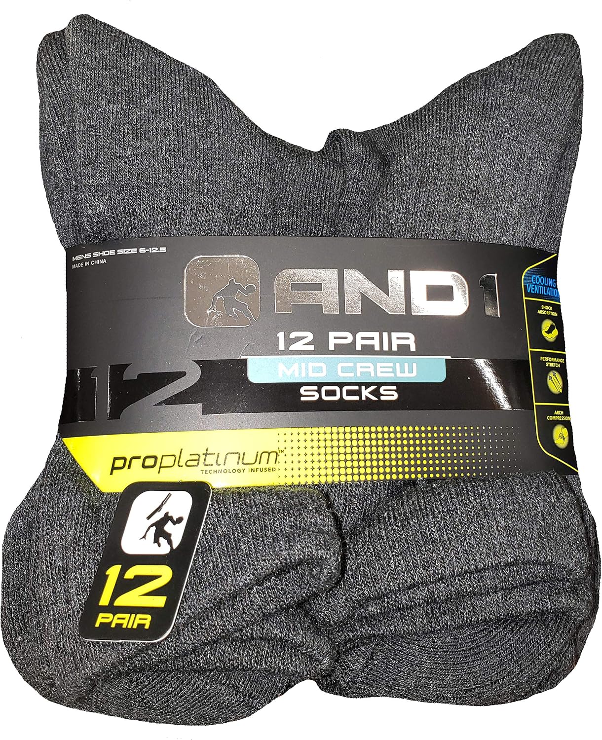 AND1 Gray 12 Pair ProPlatinum Mid Crew Socks
