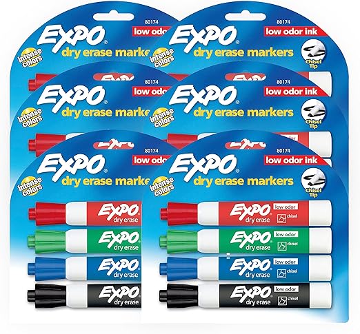 EXPO Low Odor Dry Erase Markers, Chisel Tip, Assorted Colors, 6 Packs of 4 (24 Count)