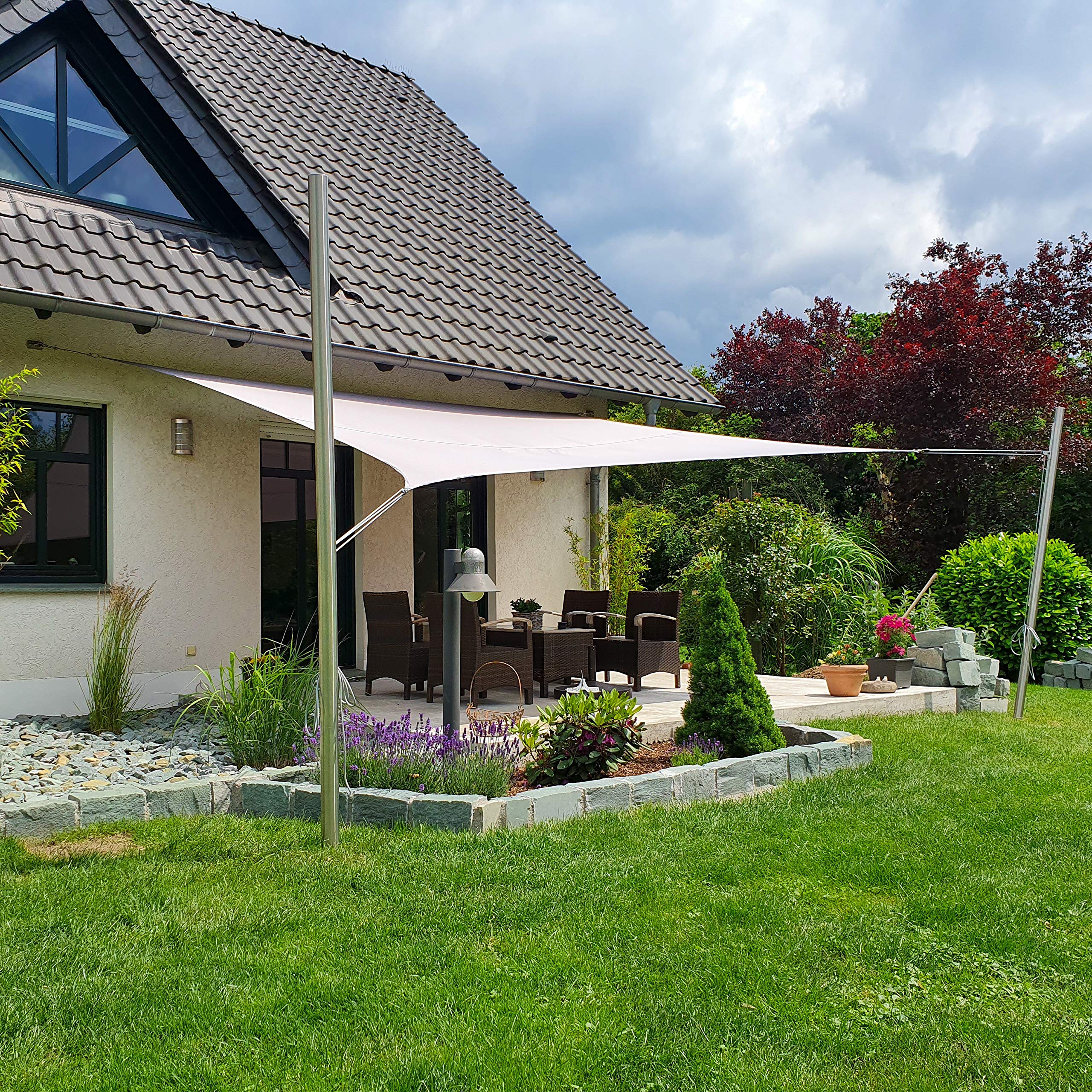 Toldoro Sonnensegel Komplettset Rechteck PES 2 Wandhalter / 2 Höhenverstellbare Edelstahlmasten Ø70x3mm 4,6x4,6m hellgrau