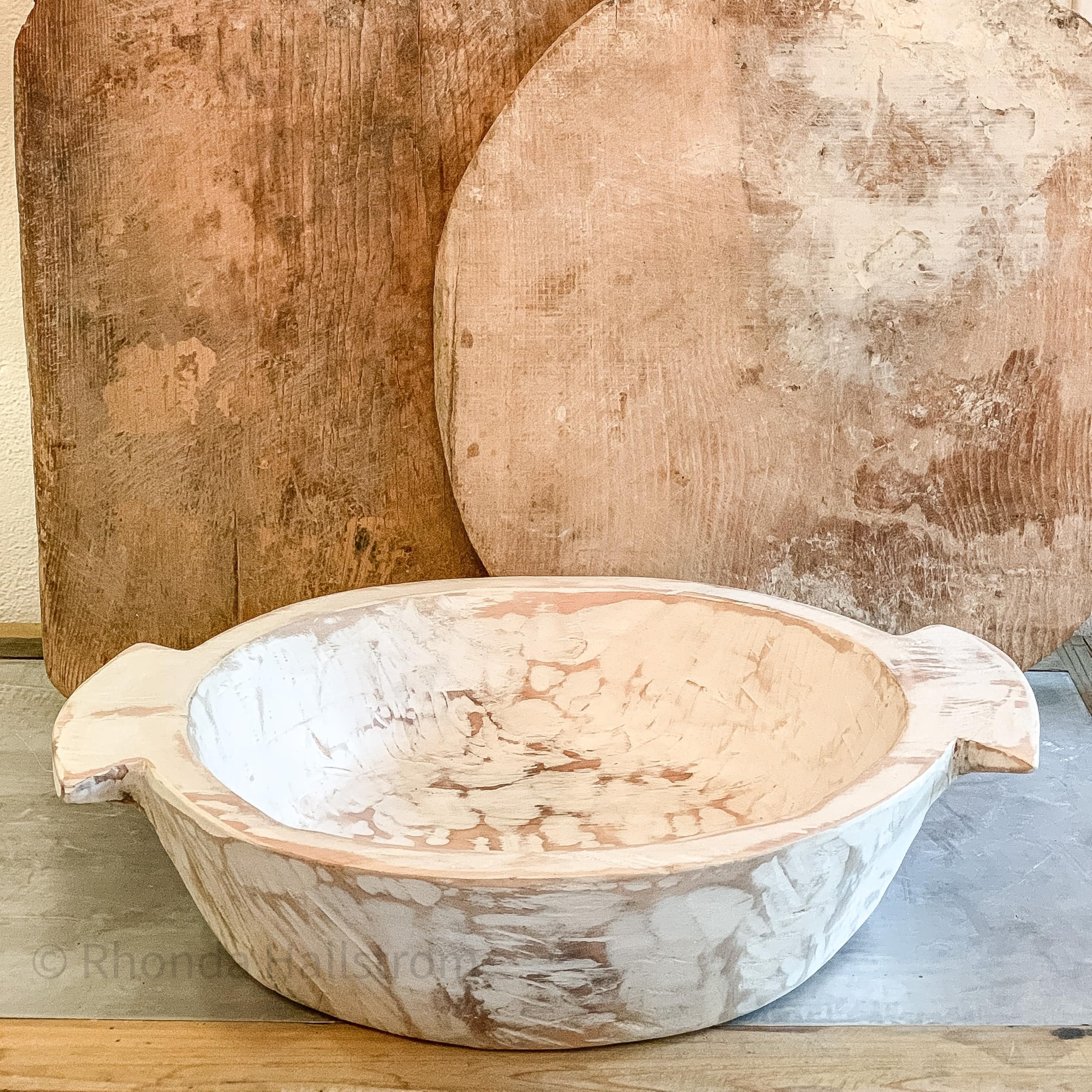 Antike Vintage wunderschön handgefertigte kreative große weiße Holz-Teigschale mit Griffen, Holz im alten indischen Stil, sieht absolut schön aus mit Ihrer Kücheneinstellung für Pommes Frites