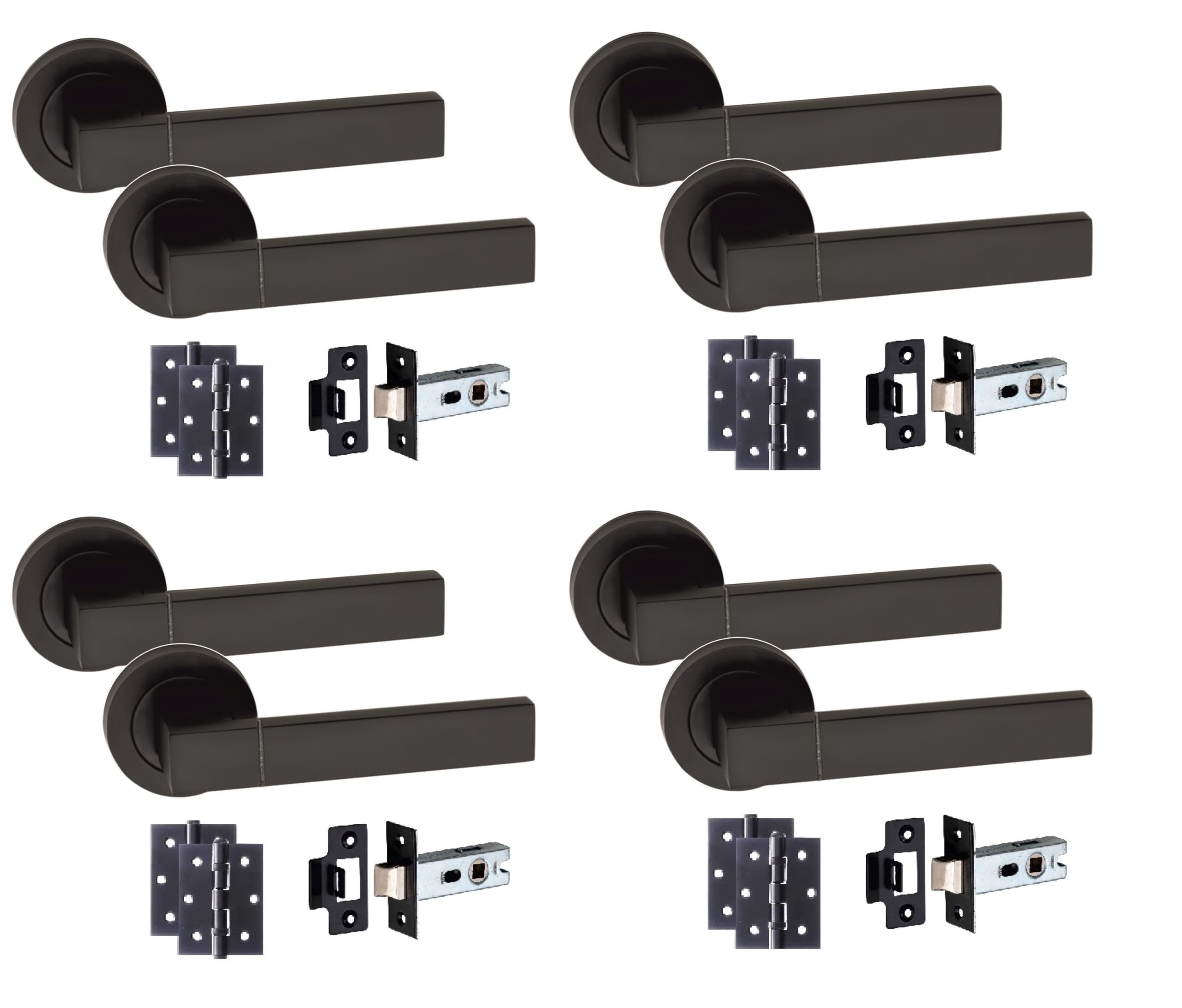 Golden Grace Capri Design Door Handles on Round Rose in Matt Black Finish with 2.5" Tubular Latch & 3" Ball Bearing Hinges, 4 Pairs - 52mm Diameter