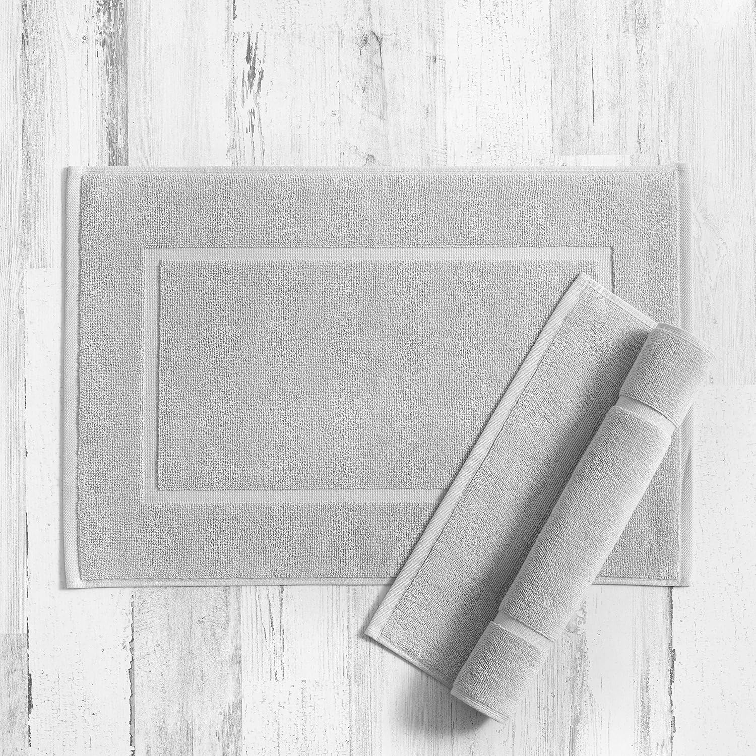 Welhome Luxurious Cotton Bath Mat Set | Silver | 2 Piece Set | 16"x24" | Tufted Loop Texture | Super Absorbent | Soft | Quick Dry | Sustainable | Oeko-Tex Certified | Made in Green