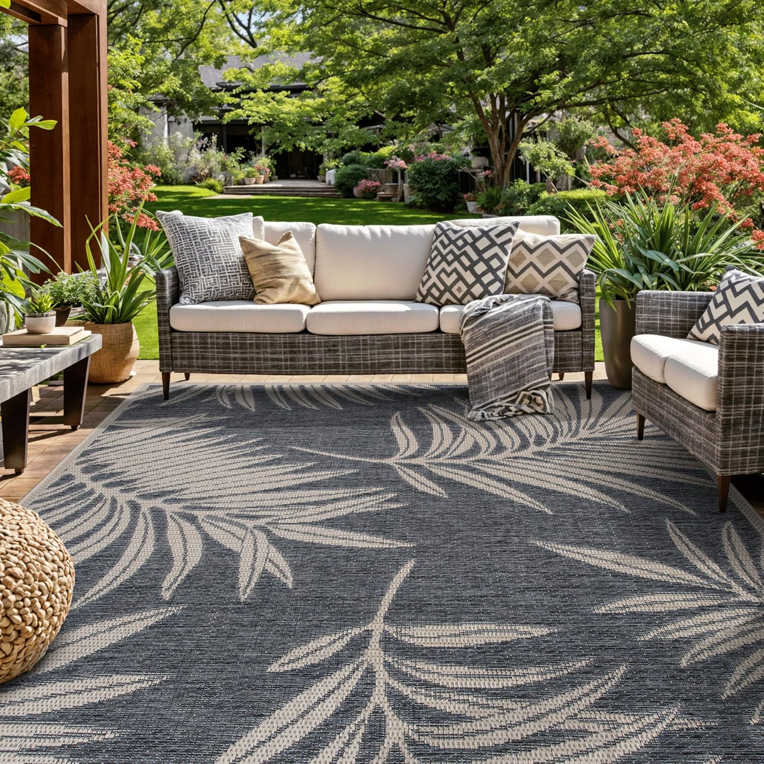 Rugshop Leaf Design for Patio Rugs,Deck Rugs,Balcony Rugs Indoor/Outdoor Area Rug 8' 8" X 12' Blue