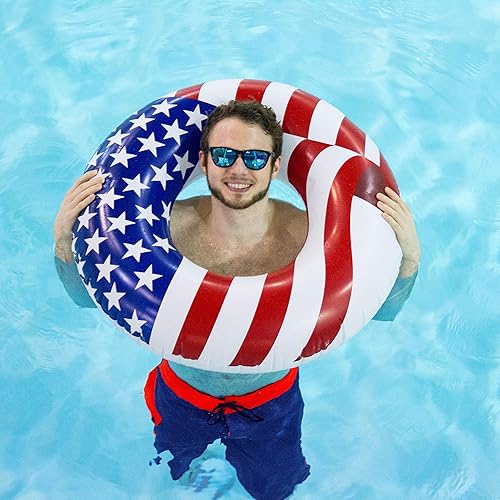 Miniatura 10 de Swimline Round Inflatable Patriotic American Flag Swimming Pool or Lake Tube Lounger Water Float for Kids and Adults