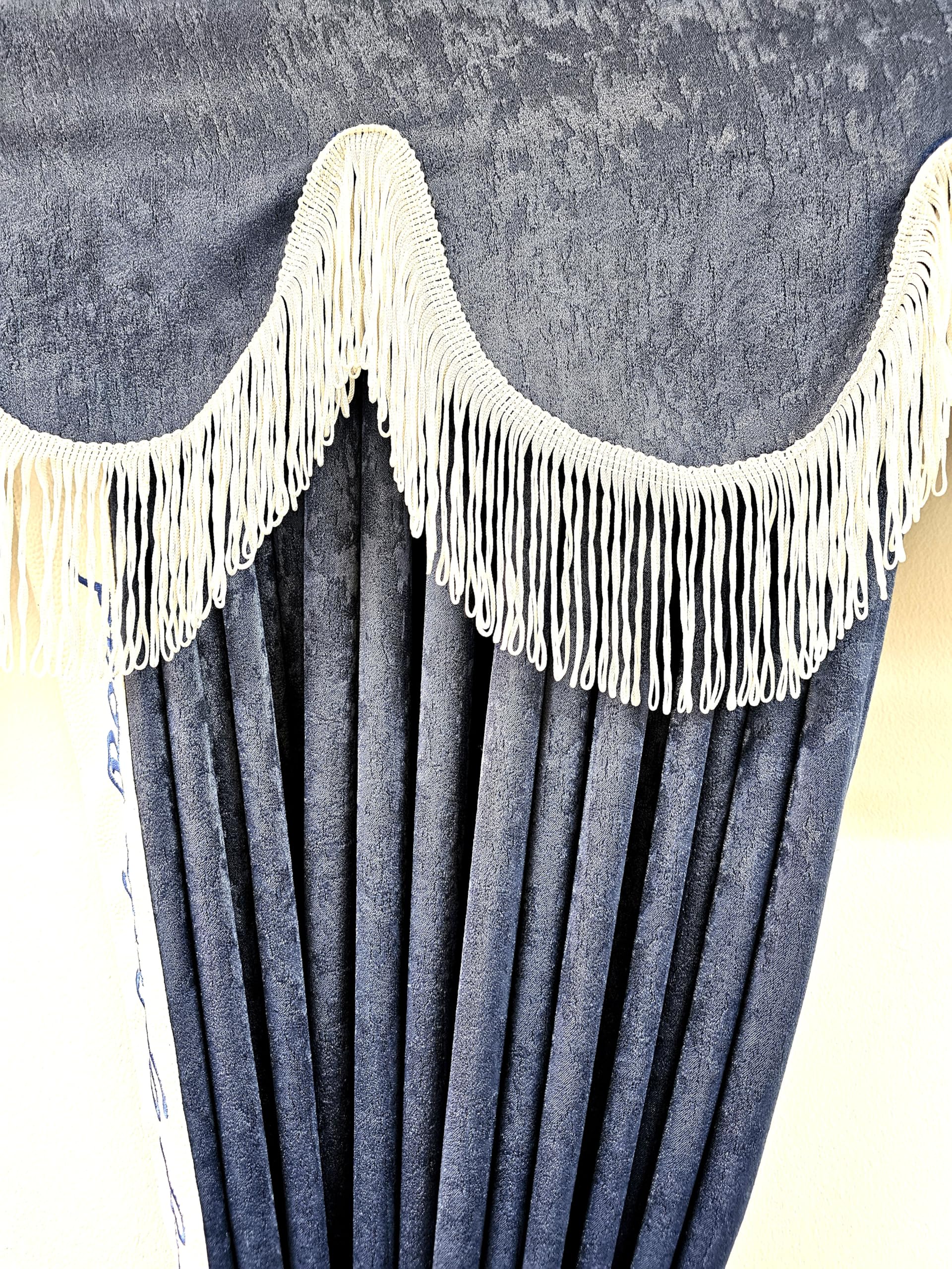 Rideaux de luxe en velours avec pompons pour camion - Bleu et blanc - Taille universelle