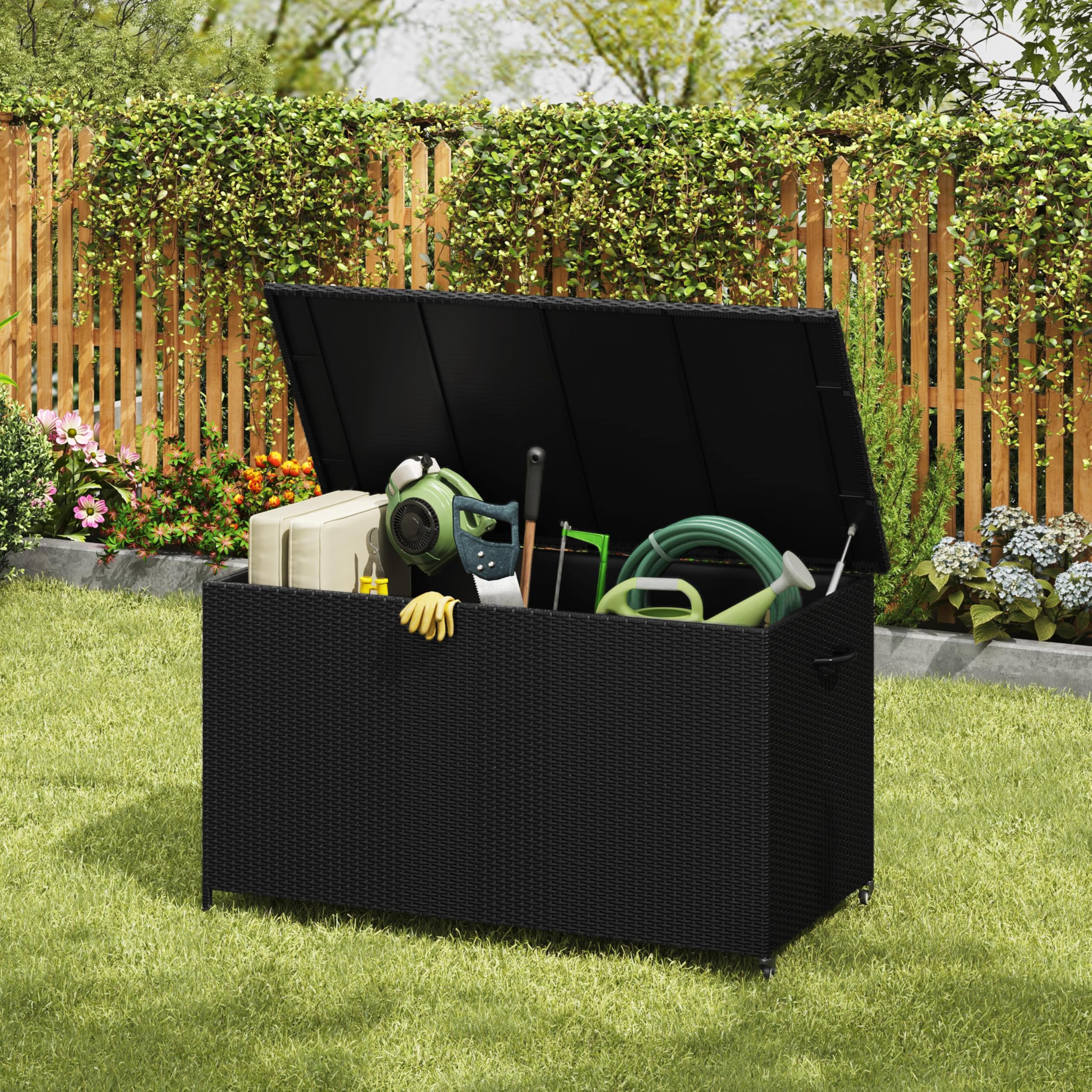 Yaheetech PE-Rattan Gartenbox Auflagenbox mit Rollen & Deckel, 650 L Großer Stauraum, Aufbewahrungsbox XXL Wetterfest inkl.Handgriffe für Garten, Terrasse und Balkon, 150×77×76,5 cm, Schwarz