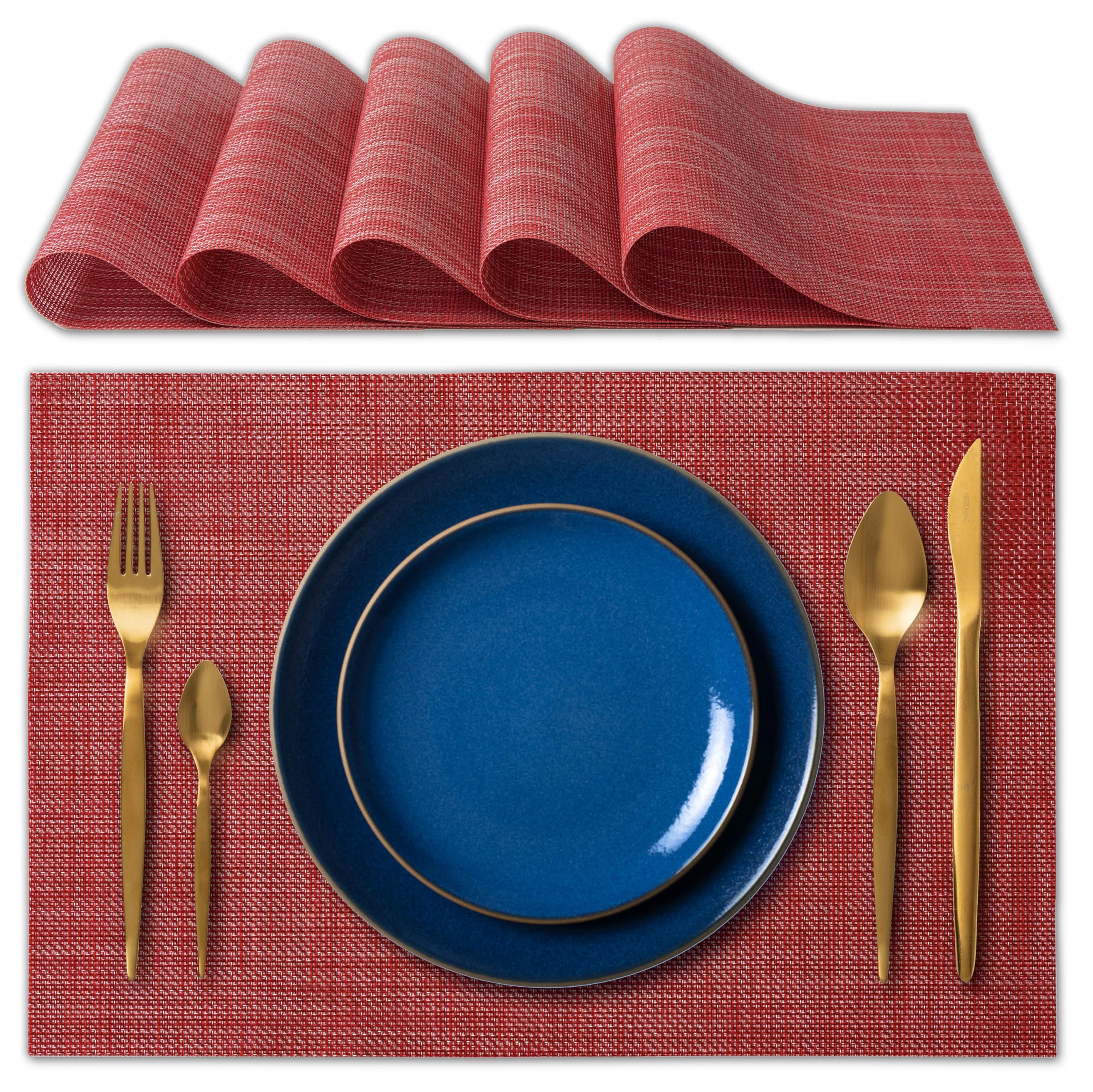 IPEA Red American Placemats 45 x 30 cm for Dinner, Lunch, Breakfast - 6 Units - Ideal for Christmas - Washable Placemat, Heat Resistant, Stain Resistant for Table - Red