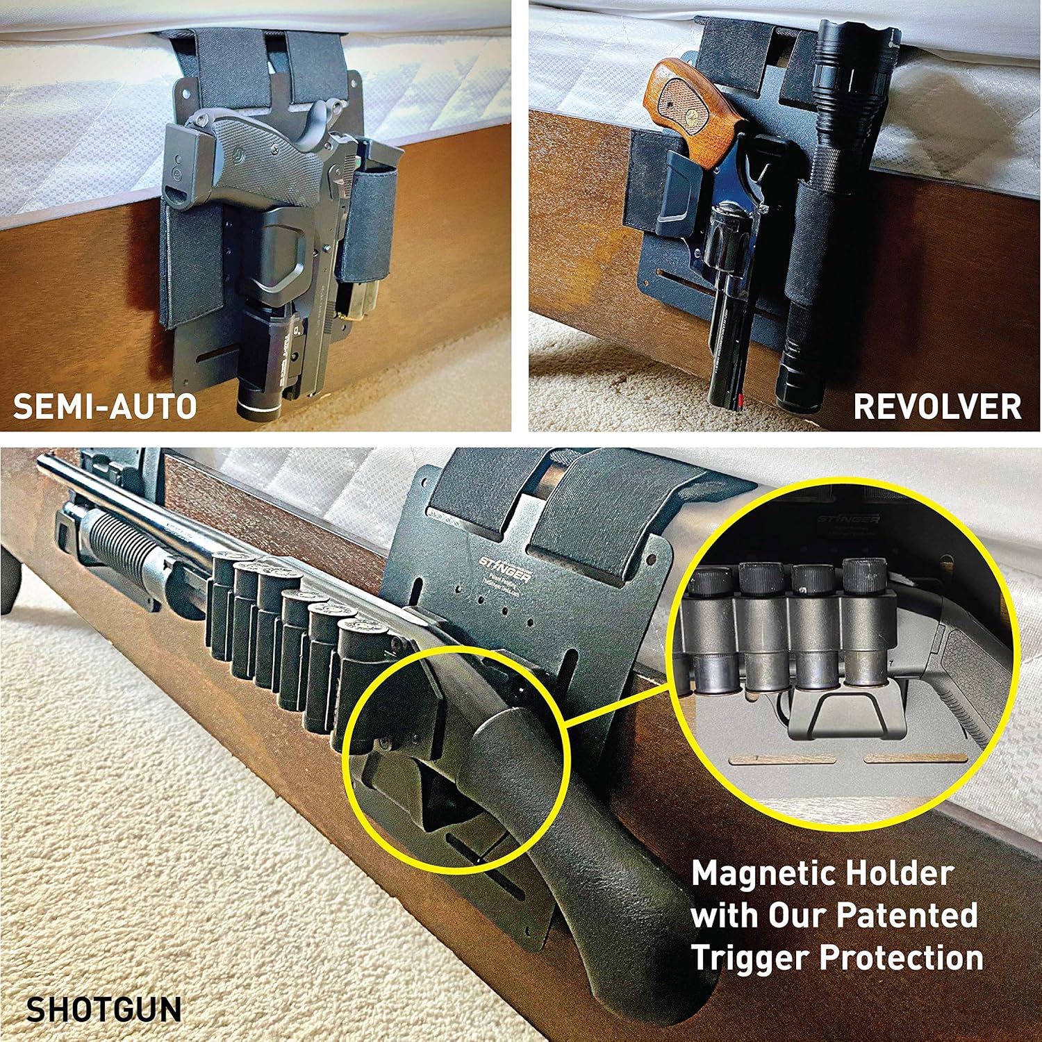 Stinger Tactical Bedside Holster w/ Magnetic Gun Mount: Safety Trigger Guard Protection, Bedside Backup, Bedside Pistol / Handgun Holster, Mattress Holster, Magazine and Flashlight Loop, Under Desk, Couch