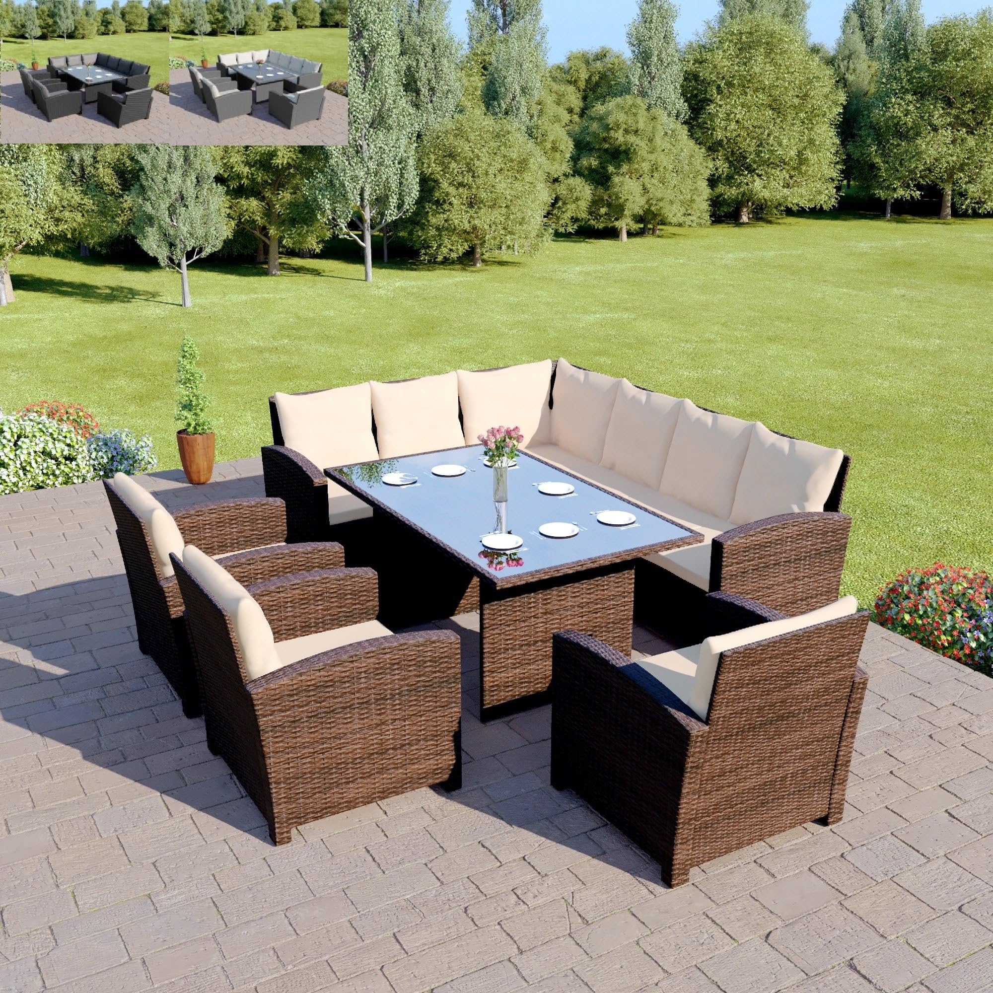 Abreo Rattan Corner Garden Sofa Set with 3 Armchairs and Dining Table Furniture Black Brown Grey (Brown with Light Cushions)
