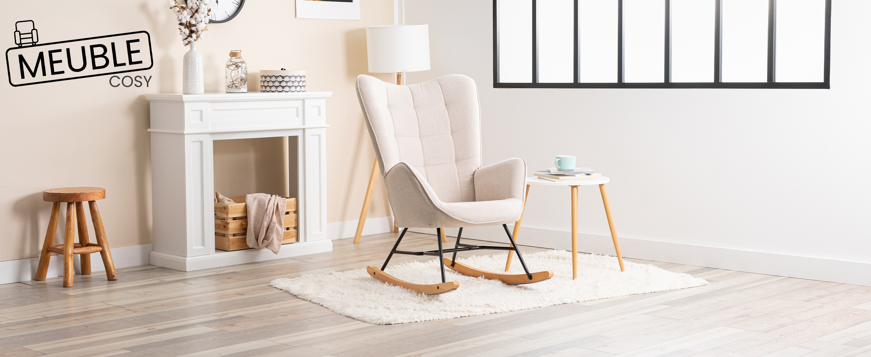 Fauteuil à Bascule Scandinave En Velours Teddy | Blanc, Pieds En Bois Et Métal, Charge 136kg | Pour Salon, Chambre