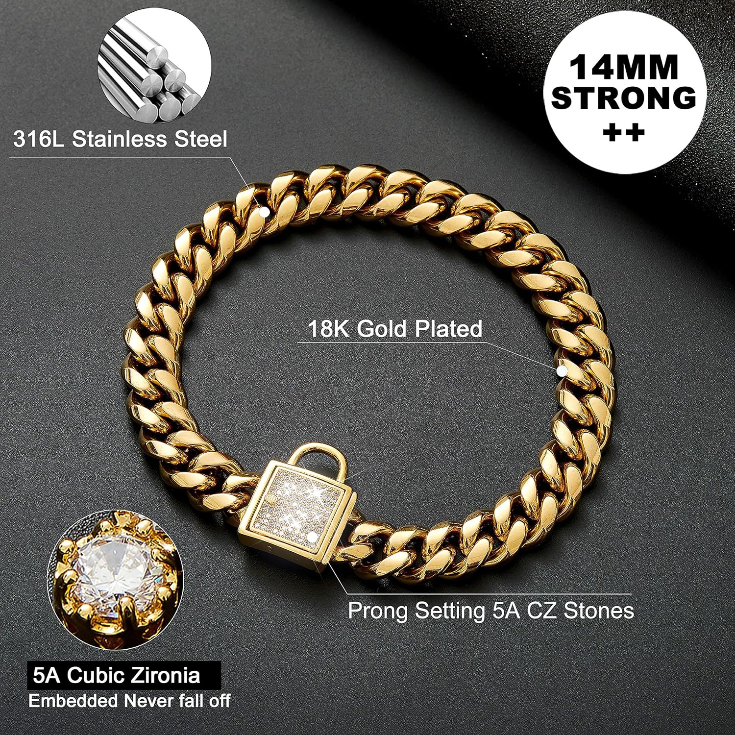 Gold Dog Collar with Zirconia Buckle Gold Metal Puppy Collar Cuban Link Chain Collar Bling Collar for Small Medium Large Dogs (14MM, 26")