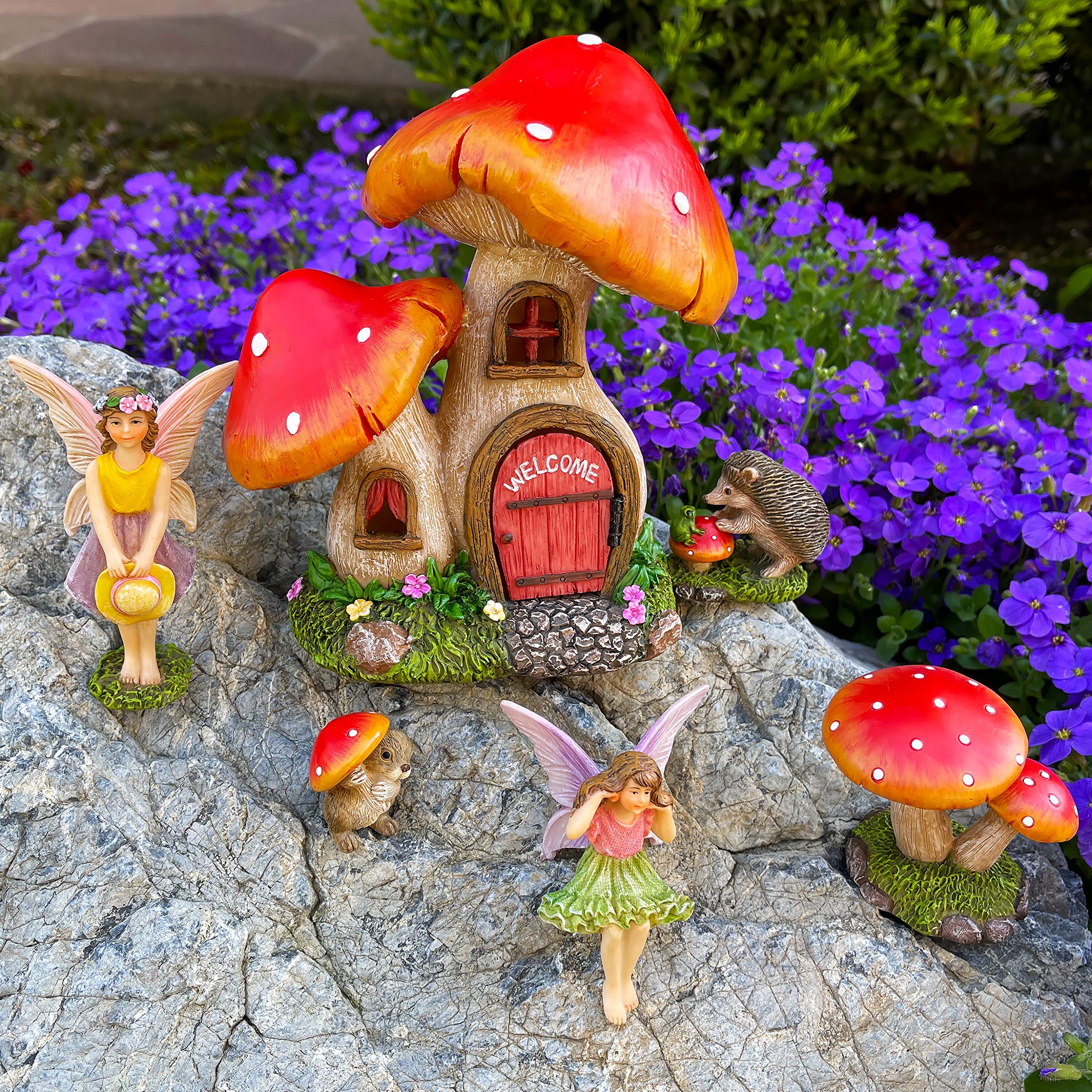Mood Lab Kit in miniatura per giardino fatato, casa a fungo, set da 6 pezzi, statuette e accessori per esterni o decorazione della casa