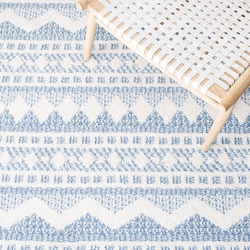 Miniatura 6 de Safavieh Tapete marroquí con borlas, 8 x 10 pies, marfil y azul claro, 0.75 pulgadas de grosor, ideal para zonas de alto tráfico en sala de estar,