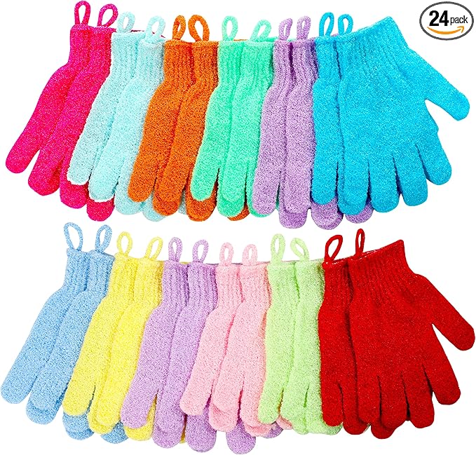Shower Gloves,24 Pcs Exfoliating Bath Gloves,Body Scrub Gloves with Hanging Loop for Beauty Spa Massage Skin Shower Body Scrubber-12 Colors