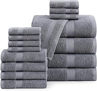 LANE LINEN 100% Cotton Luxury Bath Towel Set - 16 Pieces - Ring Spun, Super Soft & Highly Absorbent - 4 Bath, 8 Washcloths, 4 Hand Towels for Bathroom - Holds Well After Multiple Washes - Cool Grey