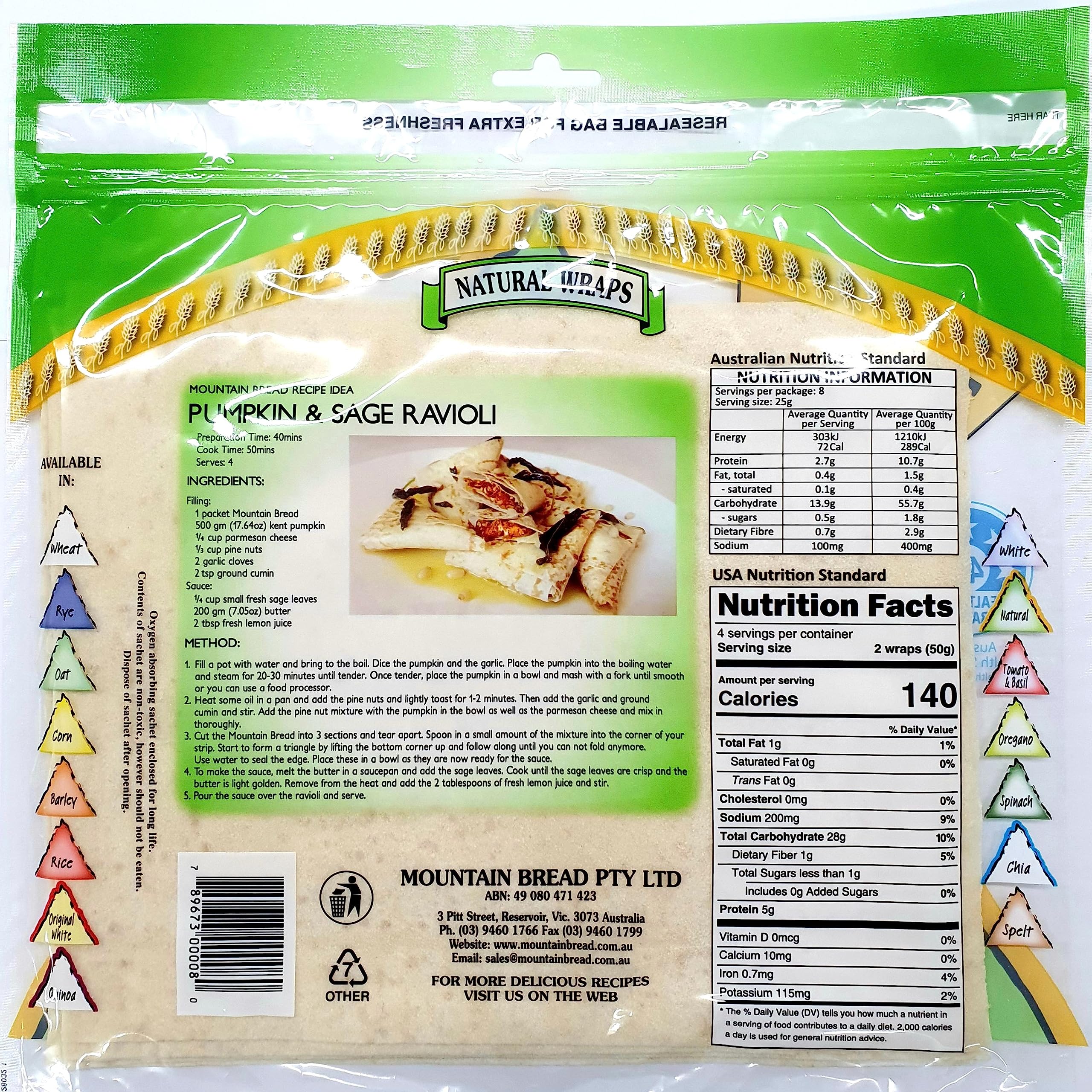 Gebirgsbrot Natur & Reis Flachbrotbandagen, dünne, trockene, weiche Tortilla, 98 % fettfrei, milchfrei, hefefrei, eierfrei, hergestellt in Australien, enthält 8 Packungen