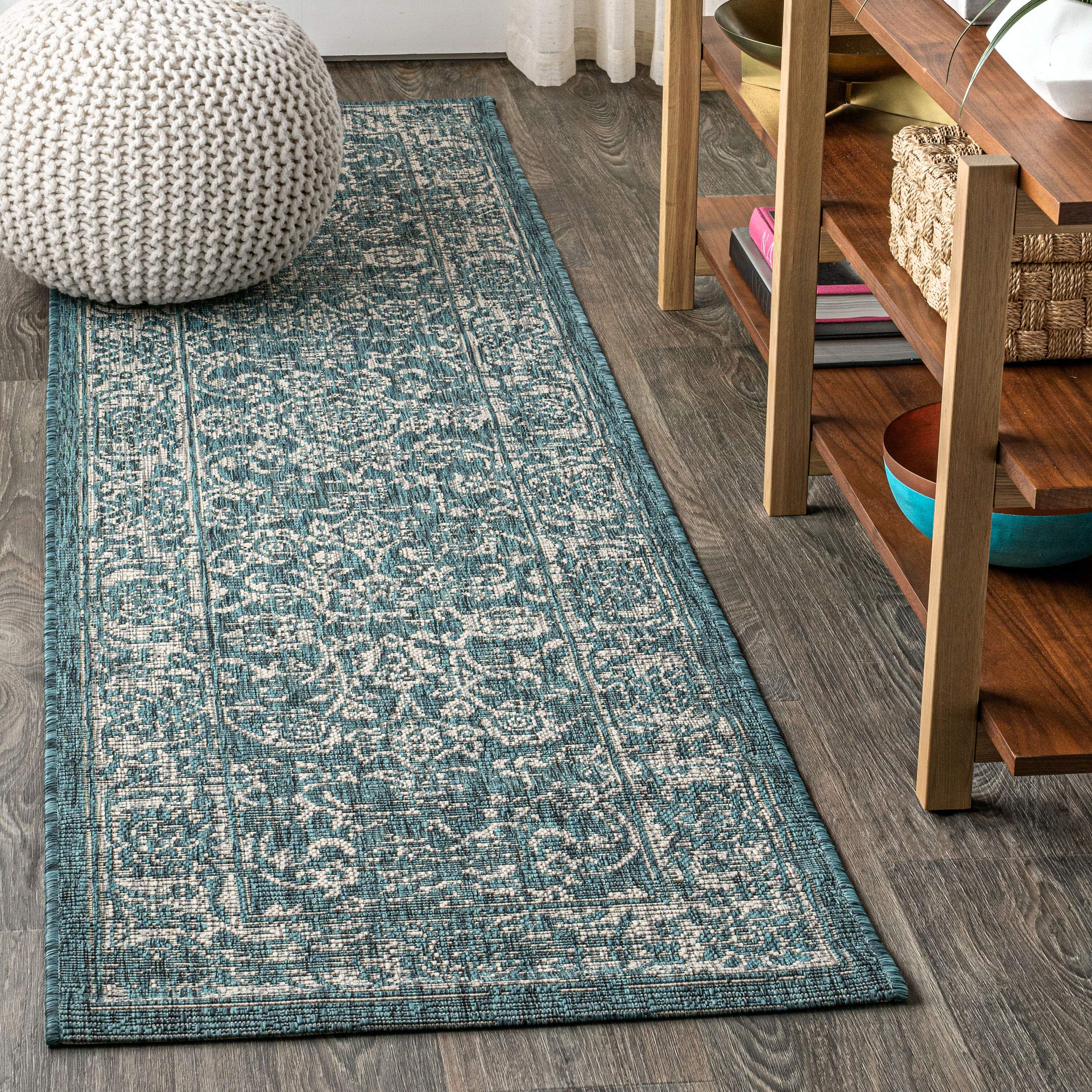 JONATHAN Y SMB100C-210 Tela Bohemian Textured Weave Floral Indoor Outdoor Area-Rug Coastal Bohemian Vintage Rustic Glam Easy-Cleaning Bedroom Kitchen Backyard Patio Non Shedding, 2 X 10, Teal/Gray
