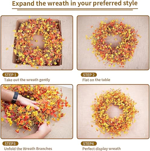 Miniatura 10 de DIYFLORU Coronas de otoño de eucalipto para el porche del hogar, farol chino de 20 pulgadas, corona de otoño con calabazas, pequeñas coronas de