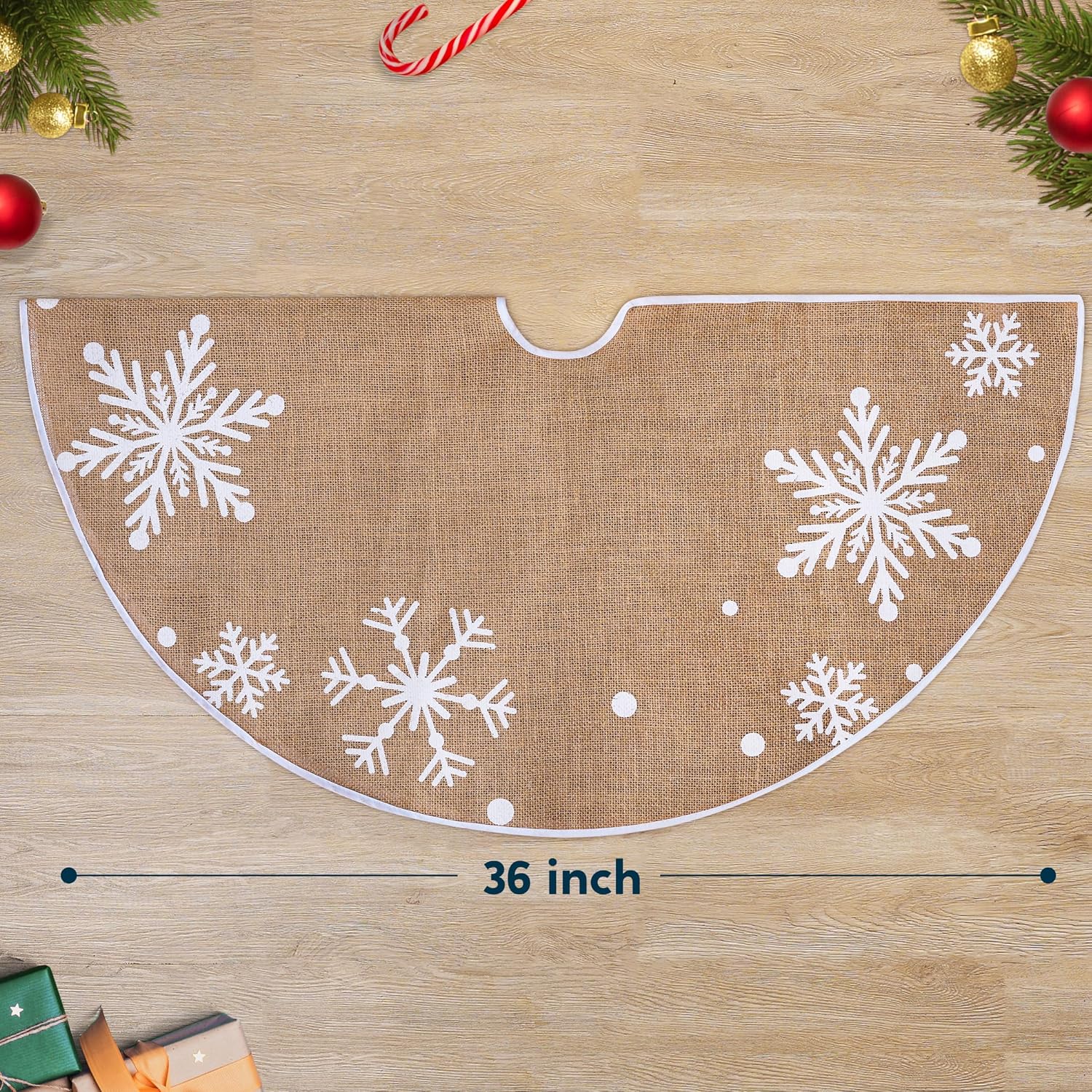 JOIEDOMI 36" Christmas Burlap Tree Skirt with Snowflakes, Decoration for Xmas Home Holiday Indoor Outdoor Seasonal Decors