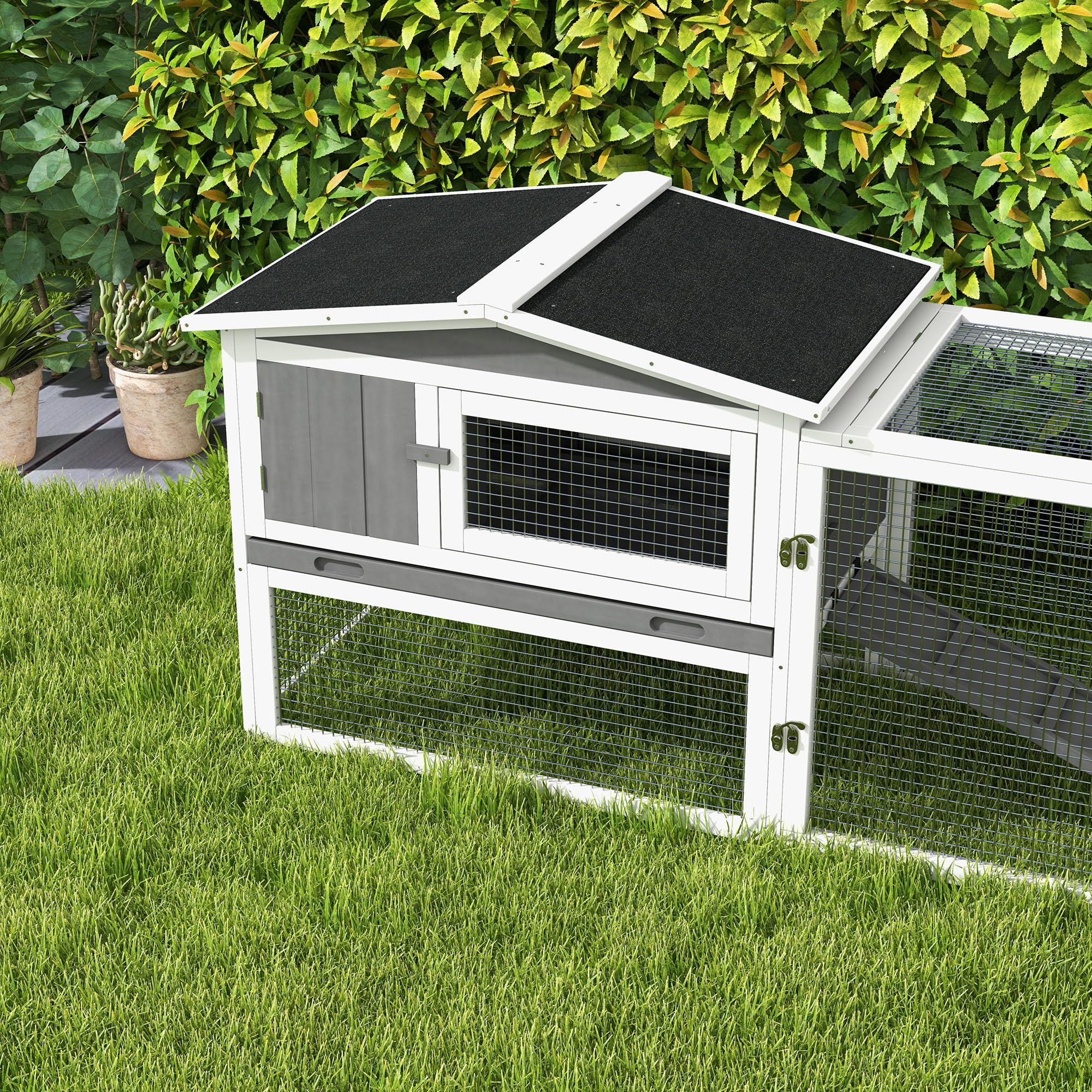 PawHut Clapier Cage à Lapins rongeurs 2 étages tiroir déjection enclos extérieur Amovible Toit ouvrant 156L x 58l x 68H cm Bois Massif pin