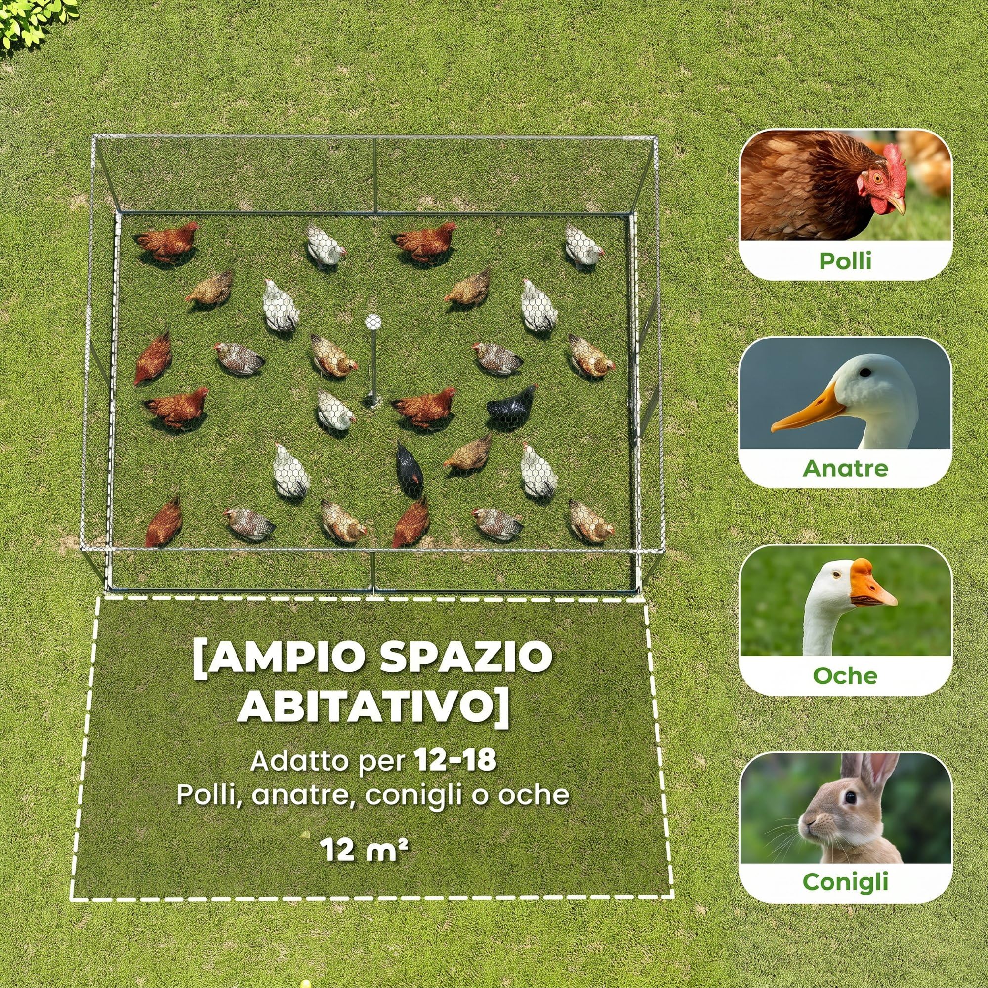 PawHut Pollaio per Galline da Esterno, 4x3x2 m 12m² Grande Recinto per 12-18 Galline in Acciaio Zincato con Porta e Doppi Serratura, Resistente, Gabbia per Polli, Piccoli Animali, Conigli, Anatre, Oca