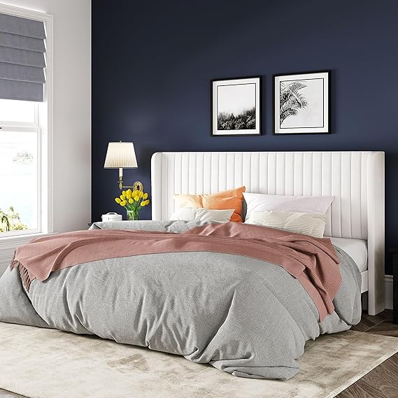 Allewie King Size Velvet Bed Frame/Vertical Channel Tufted Wingback Headboard/Upholstered Platform Bed/No Box Spring Needed/Strong Wooden Slats/Easy Assembly/White