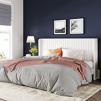 Allewie King Size Velvet Bed Frame/Vertical Channel Tufted Wingback Headboard/Upholstered Platform Bed/No Box Spring Needed/Strong Wooden Slats/Easy Assembly/White