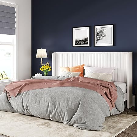 Allewie King Size Velvet Bed Frame/Vertical Channel Tufted Wingback Headboard/Upholstered Platform Bed/No Box Spring Needed/Strong Wooden Slats/Easy Assembly/White