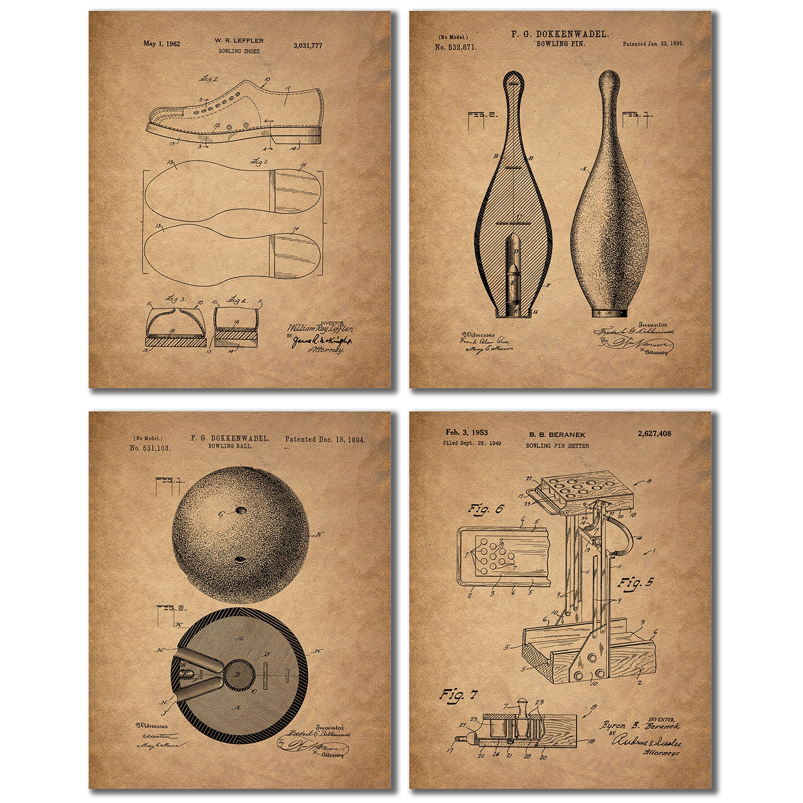 Bowling Patent Wall Art Prints - Set of 4 Vintage Antique Replica Photos