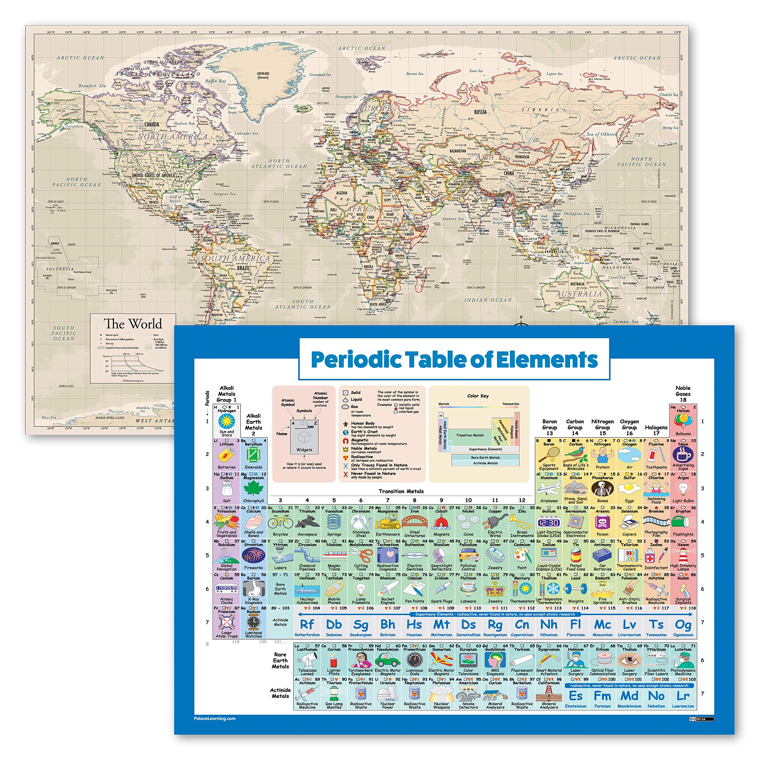 2 Pack - Periodic Table of The Elements Poster for Kids & Antique Style World Map Chart (Laminated, 18" x 24")