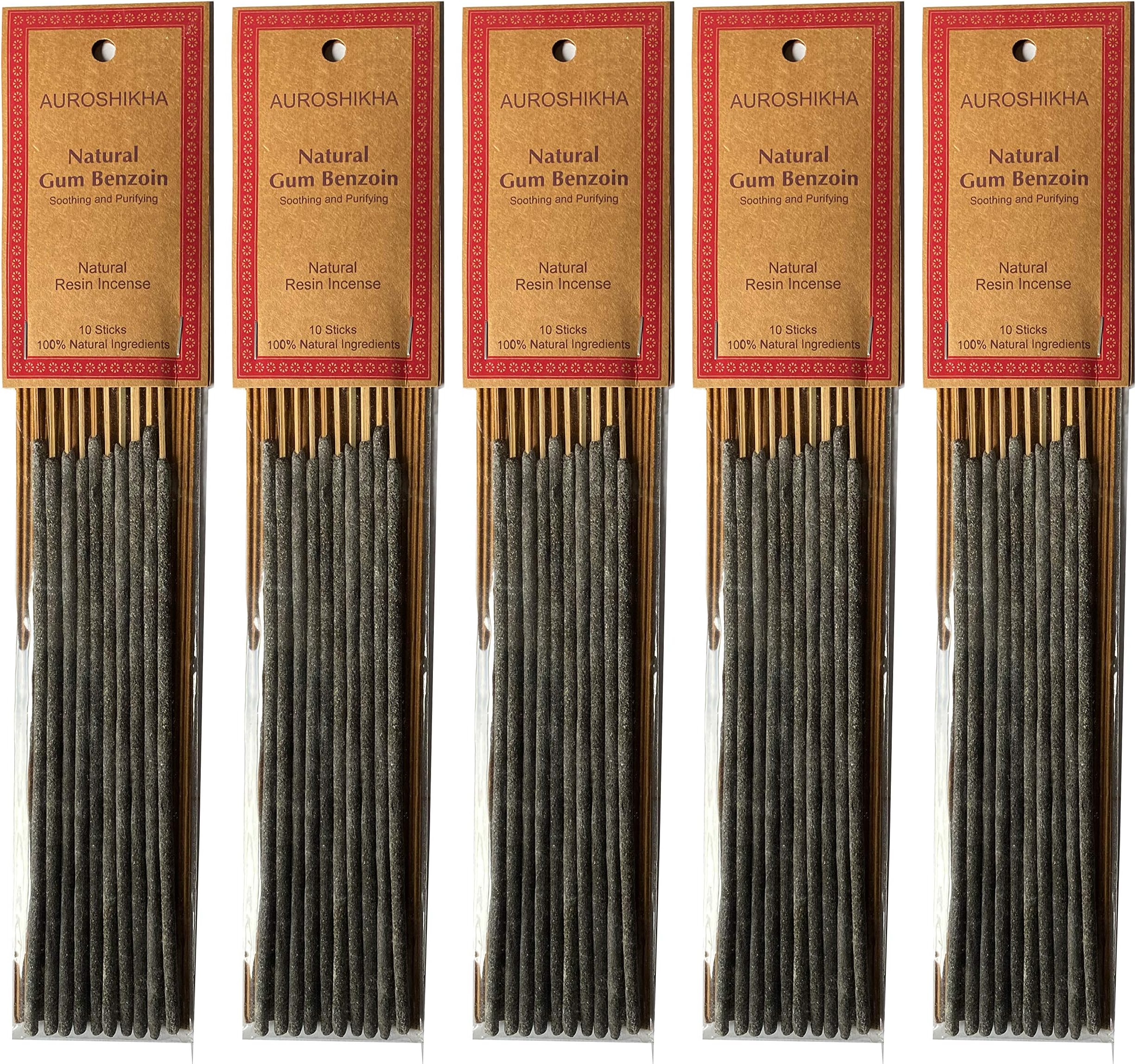 Auroshikha Gum Benzoin Natural Resin on Stick - 5 Packs, 10 Sticks per Pack