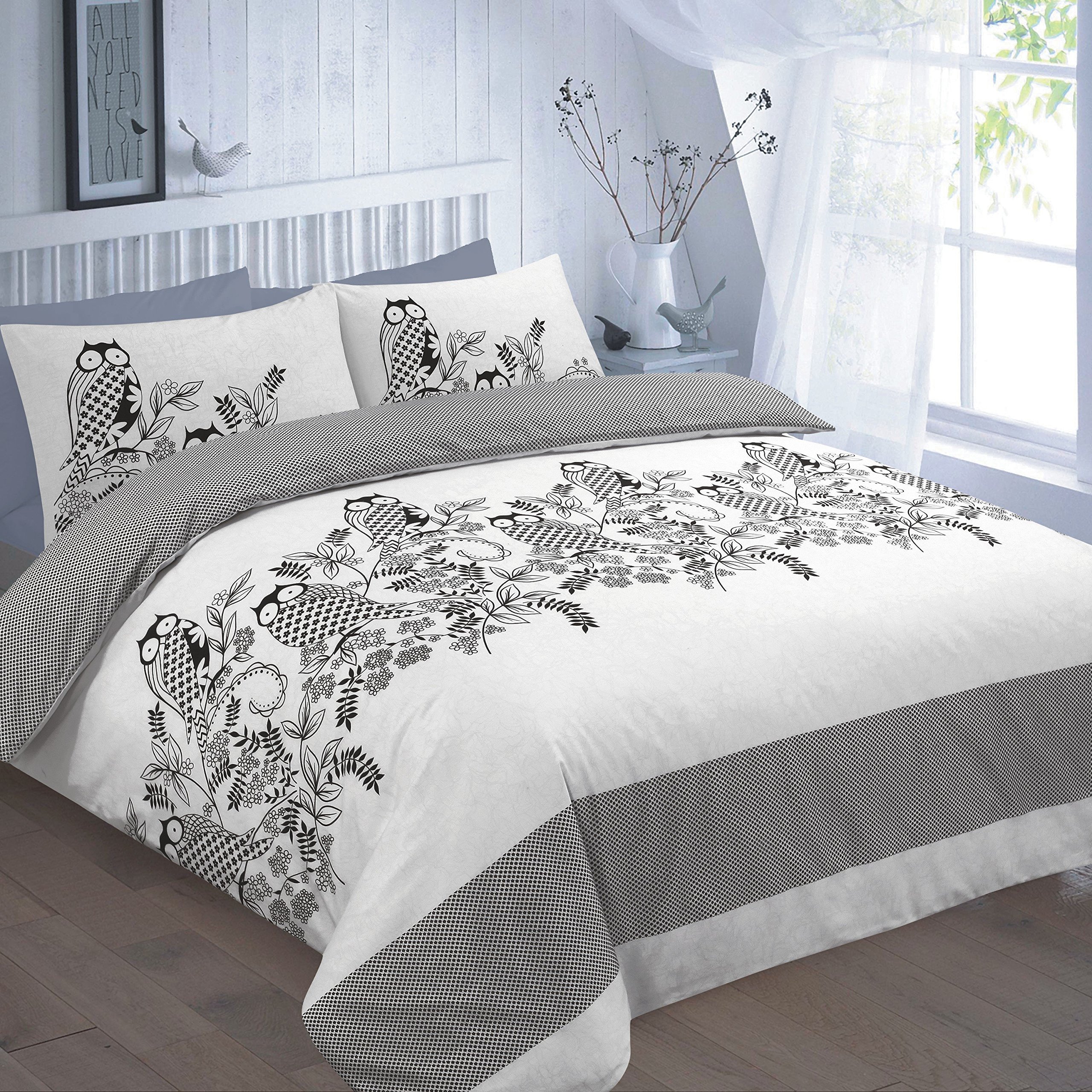 DECENT OWL-ISLAND DUVET SET - Duvet Cover & 2 Pillow Cases, POLYCOTON OWL PRINTED BEDDING : BLACK ALL UK SIZES (KING, OWL - BLACK)