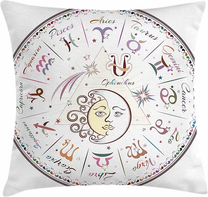 Ambesonne Zodiac Throw Pillow Cushion Cover, Western Chart with All Signs Aries Virgo Leo Taurus Libra Mystique Fate Calendar, Decorative Square Accent Pillow Case, 40